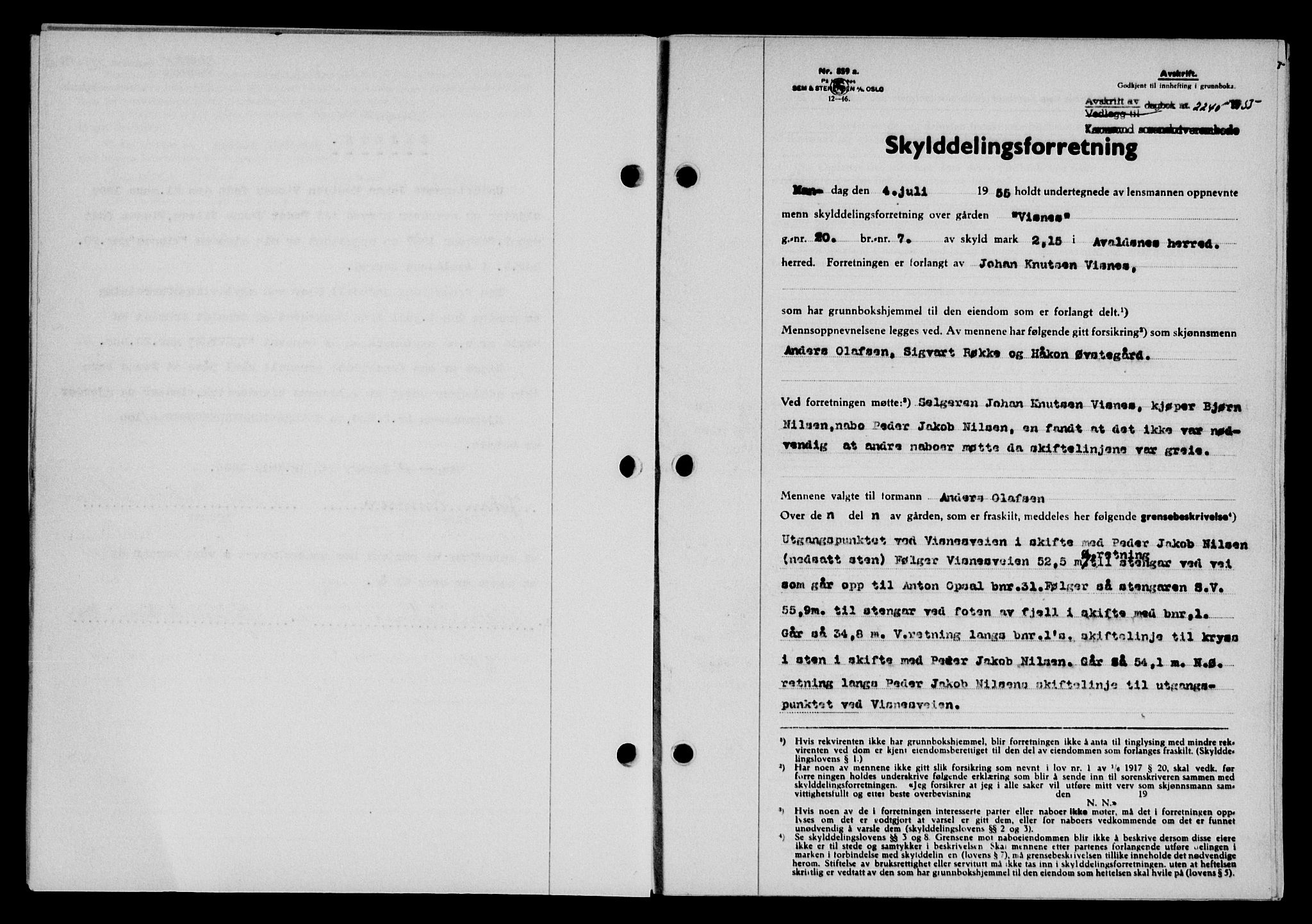 Karmsund sorenskriveri, SAST/A-100311/01/II/IIB/L0116: Pantebok nr. 96A, 1955-1955, Dagboknr: 2240/1955