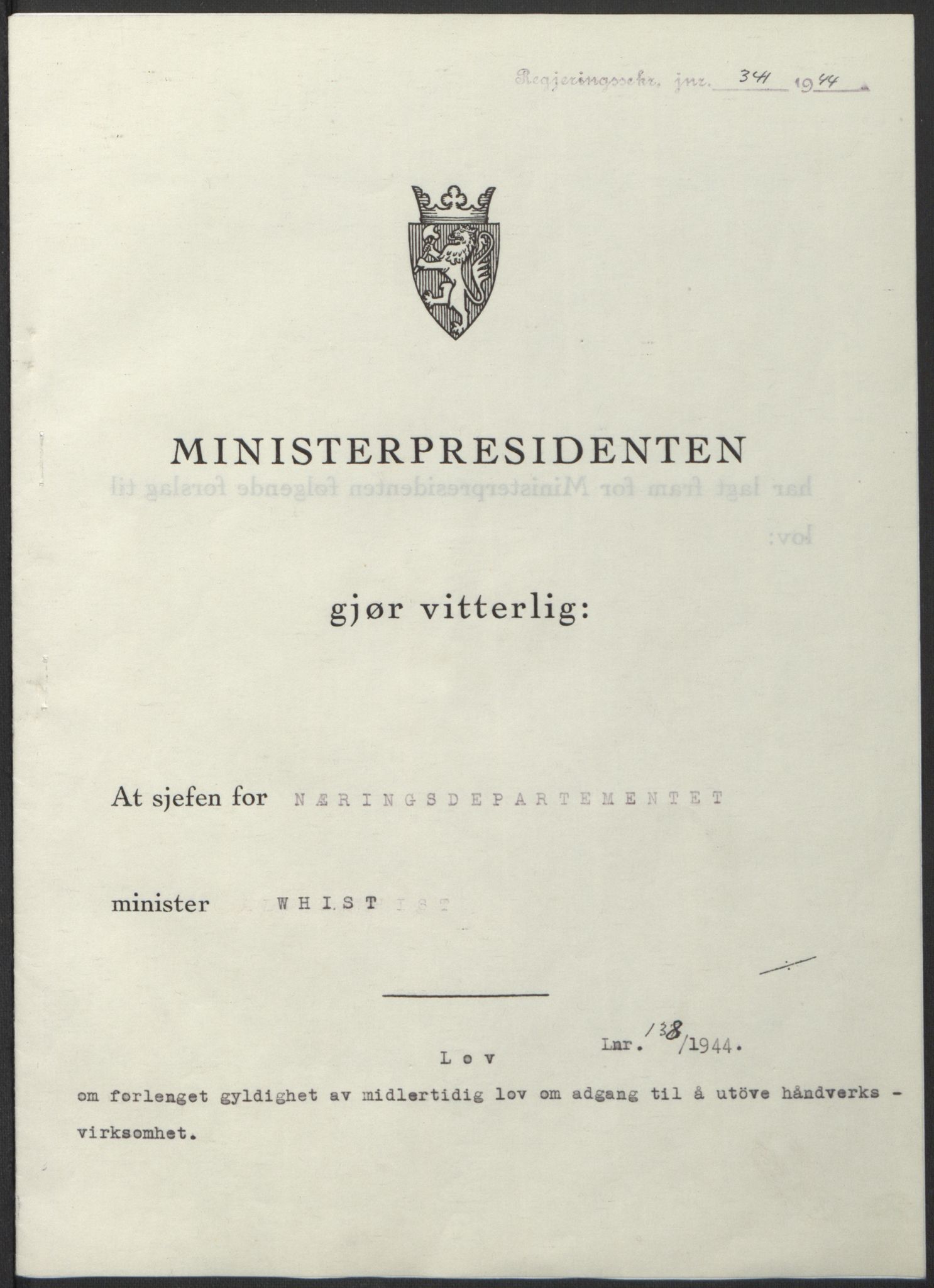 NS-administrasjonen 1940-1945 (Statsrådsekretariatet, de kommisariske statsråder mm), AV/RA-S-4279/D/Db/L0100: Lover, 1944, s. 670