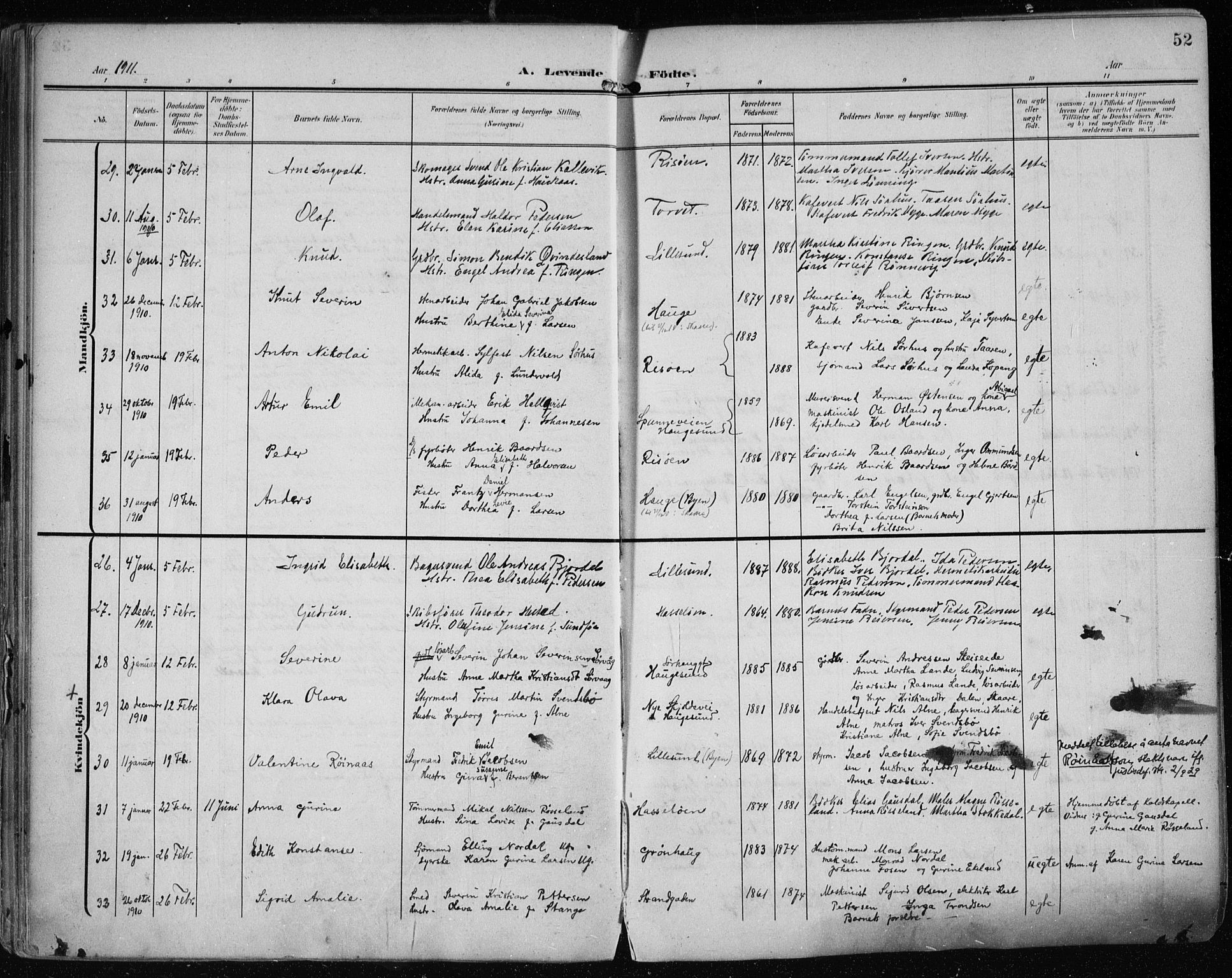 Haugesund sokneprestkontor, AV/SAST-A -101863/H/Ha/Haa/L0008: Ministerialbok nr. A 8, 1908-1921, s. 52