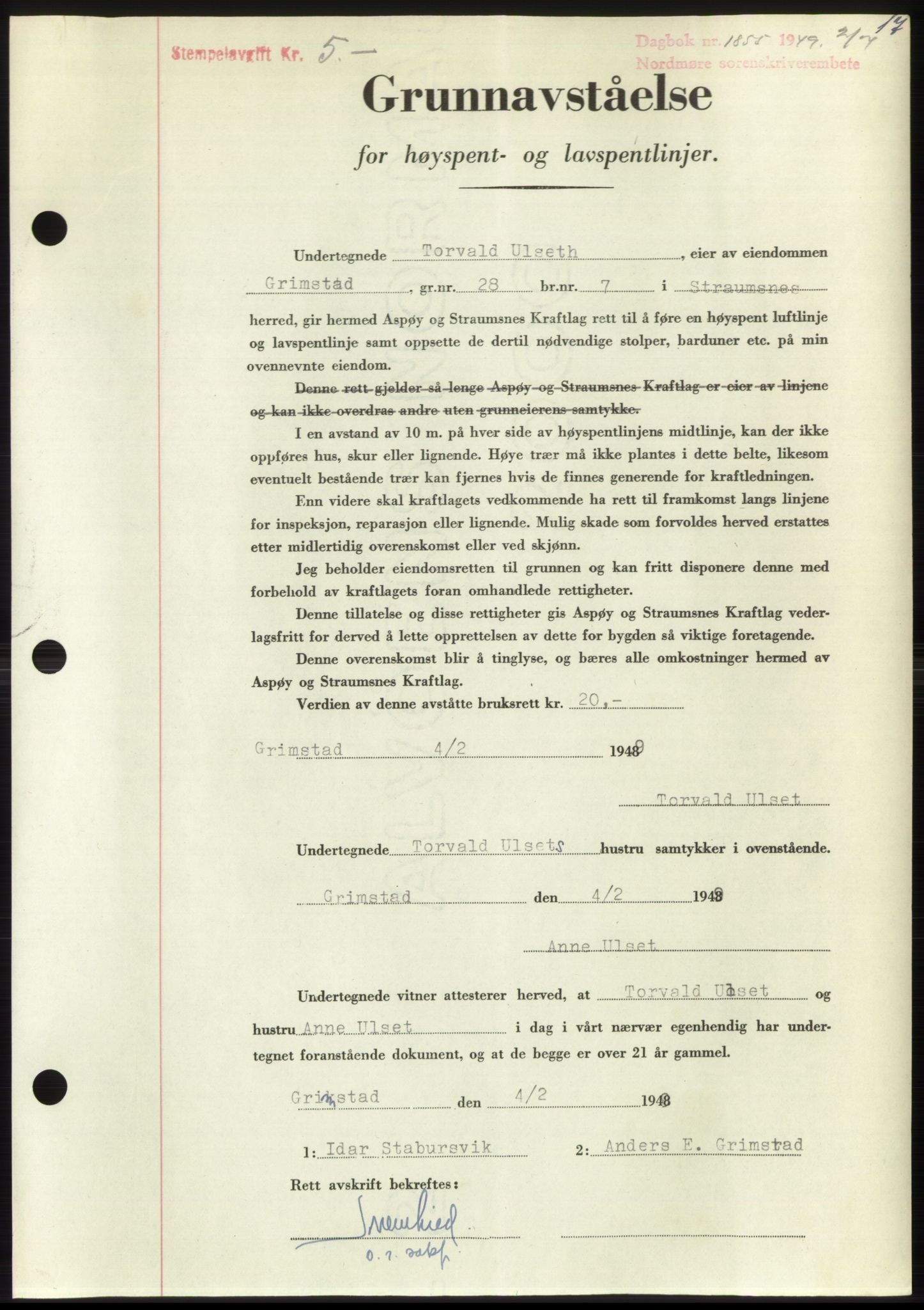 Nordmøre sorenskriveri, SAT/A-4132/1/2/2Ca: Pantebok nr. B102, 1949-1949, Dagboknr: 1855/1949