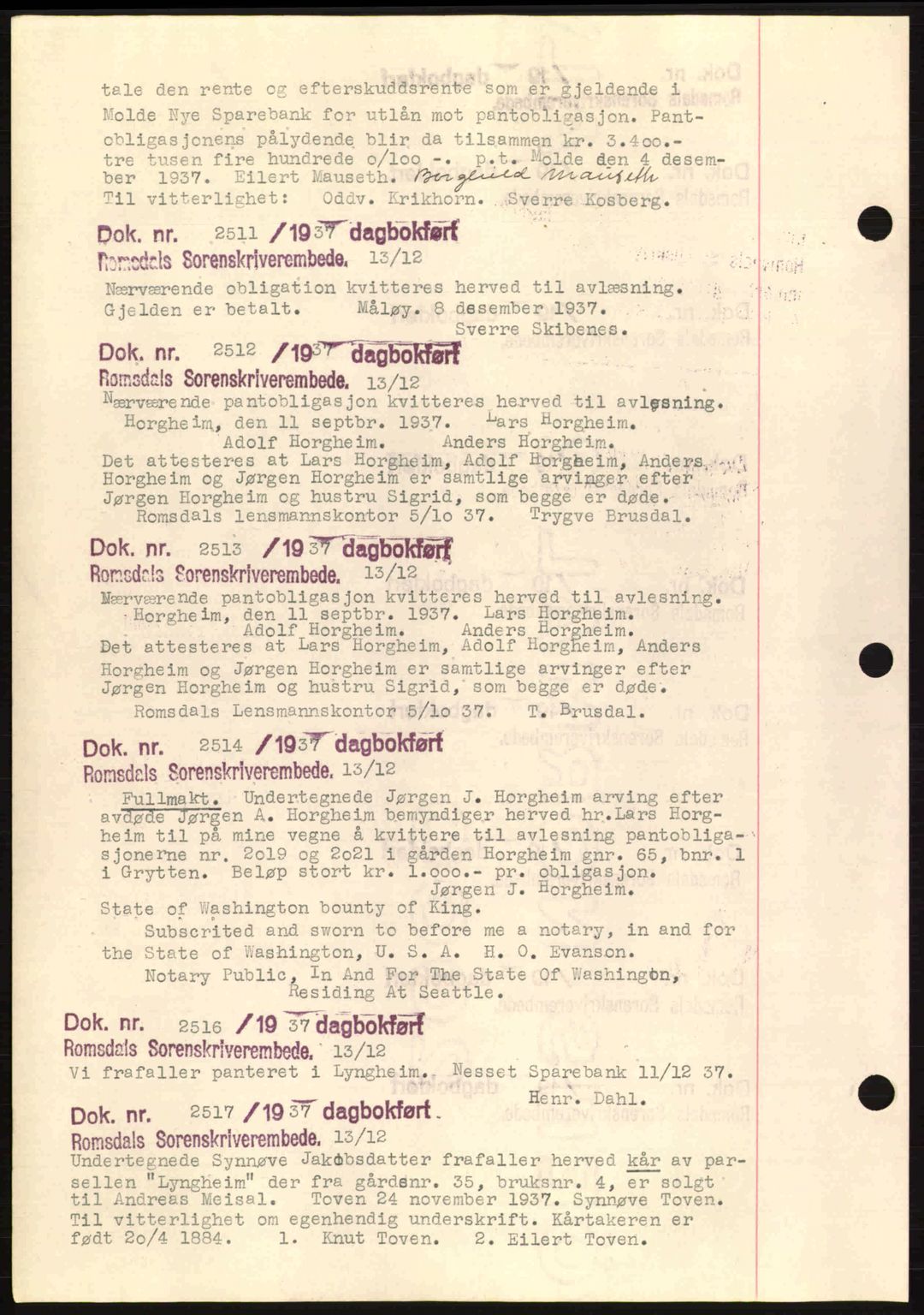Romsdal sorenskriveri, AV/SAT-A-4149/1/2/2C: Pantebok nr. C1a, 1936-1945, Dagboknr: 2511/1937
