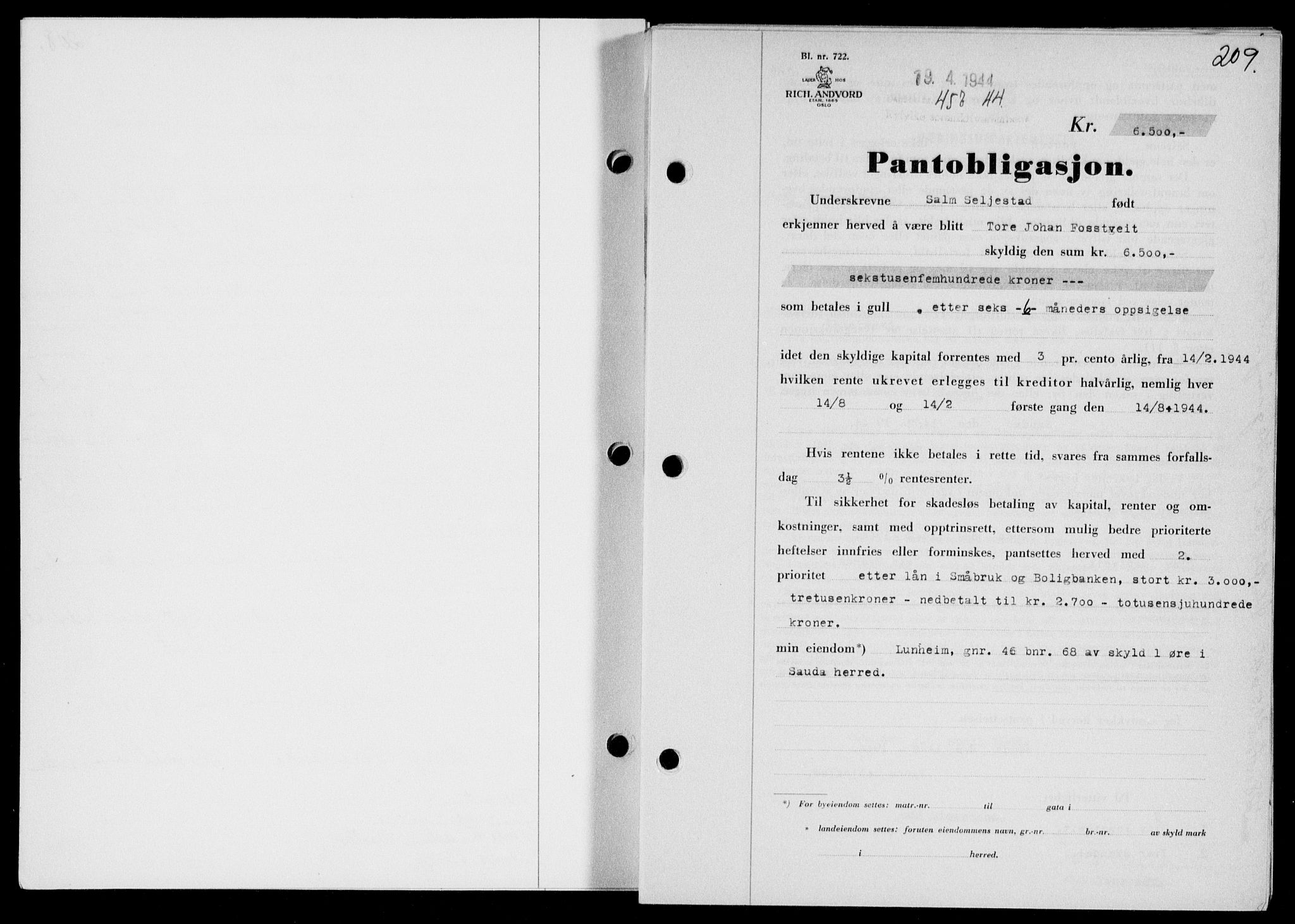 Ryfylke tingrett, SAST/A-100055/001/II/IIB/L0090: Pantebok nr. 69, 1943-1945, Dagboknr: 458/1944