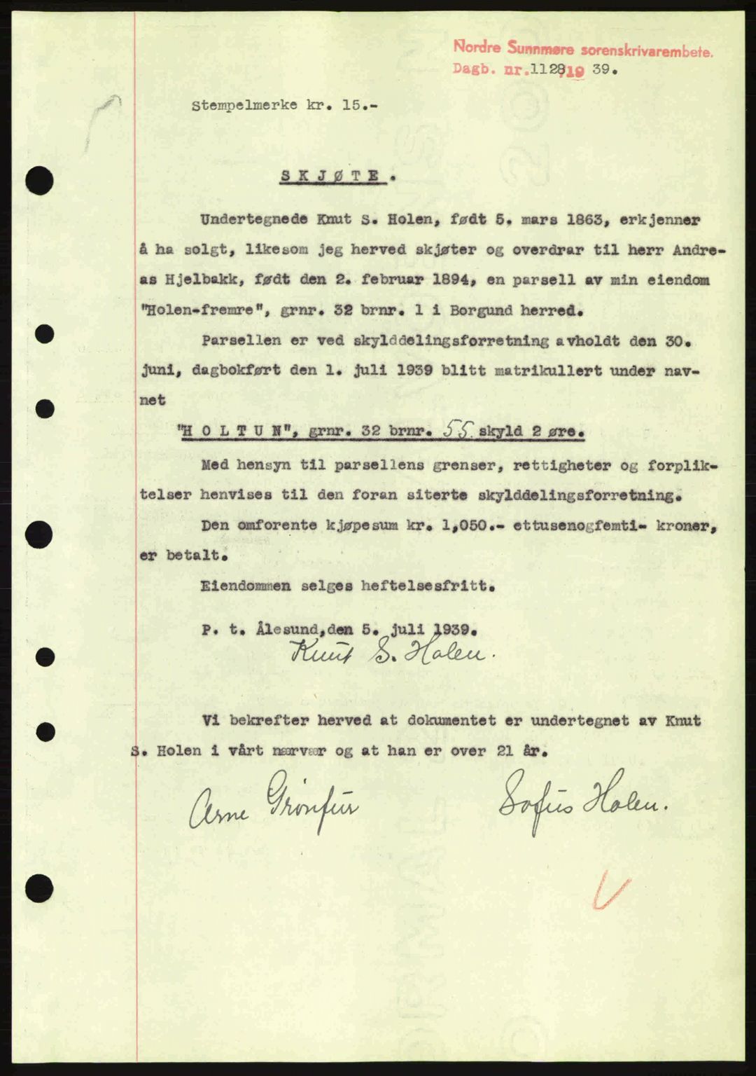 Nordre Sunnmøre sorenskriveri, SAT/A-0006/1/2/2C/2Ca: Pantebok nr. A7, 1939-1939, Dagboknr: 1128/1939