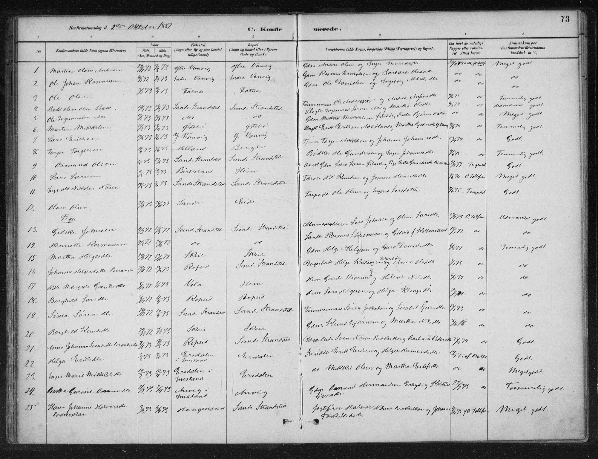 Sand sokneprestkontor, AV/SAST-A-101848/01/III/L0005: Ministerialbok nr. A 5, 1880-1898, s. 73