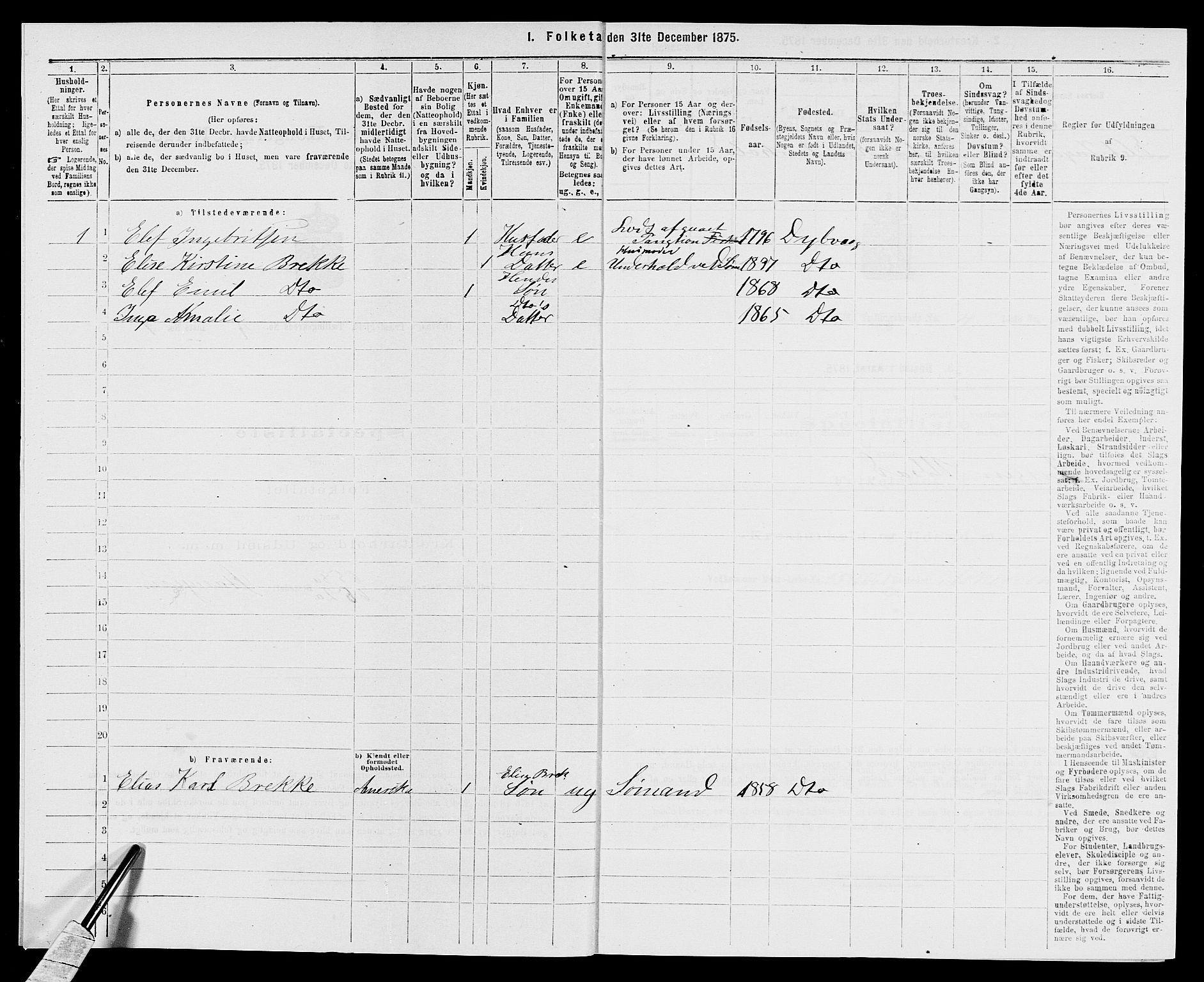 SAK, Folketelling 1875 for 0915P Dypvåg prestegjeld, 1875, s. 431