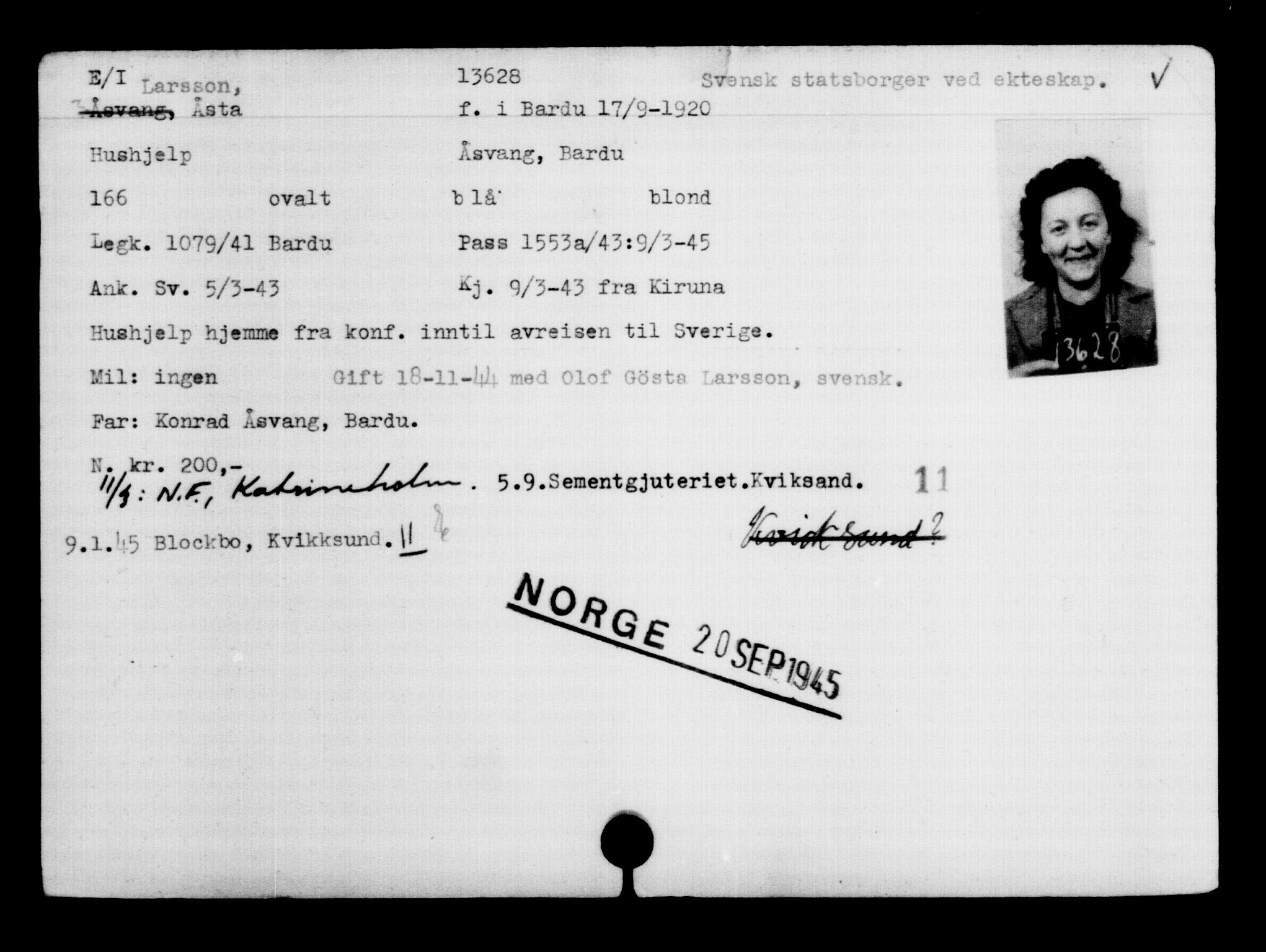 Utenriksstasjonene, Legasjonen i Stockholm, Flyktningkontoret, AV/RA-S-6753/V/Va/L0007: Kjesäterkartoteket, flyktninger med registreringsnr. 12700-15723, 1940-1945, s. 1050