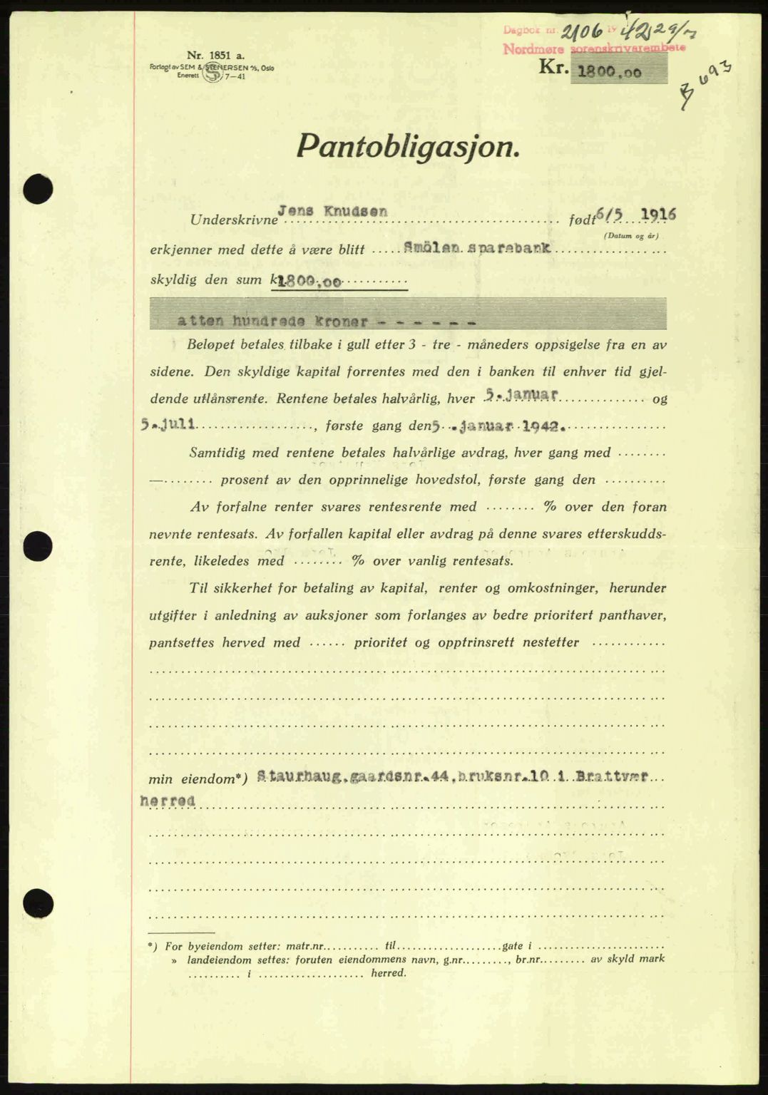 Nordmøre sorenskriveri, AV/SAT-A-4132/1/2/2Ca: Pantebok nr. B89, 1942-1942, Dagboknr: 2106/1942