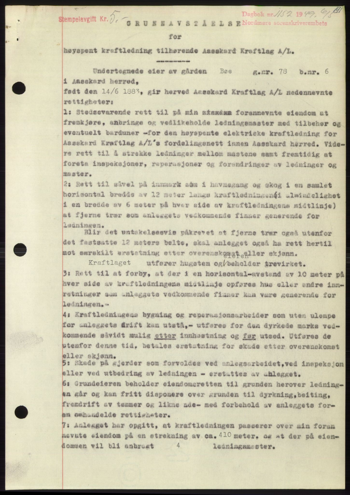 Nordmøre sorenskriveri, SAT/A-4132/1/2/2Ca: Pantebok nr. B101, 1949-1949, Dagboknr: 1152/1949