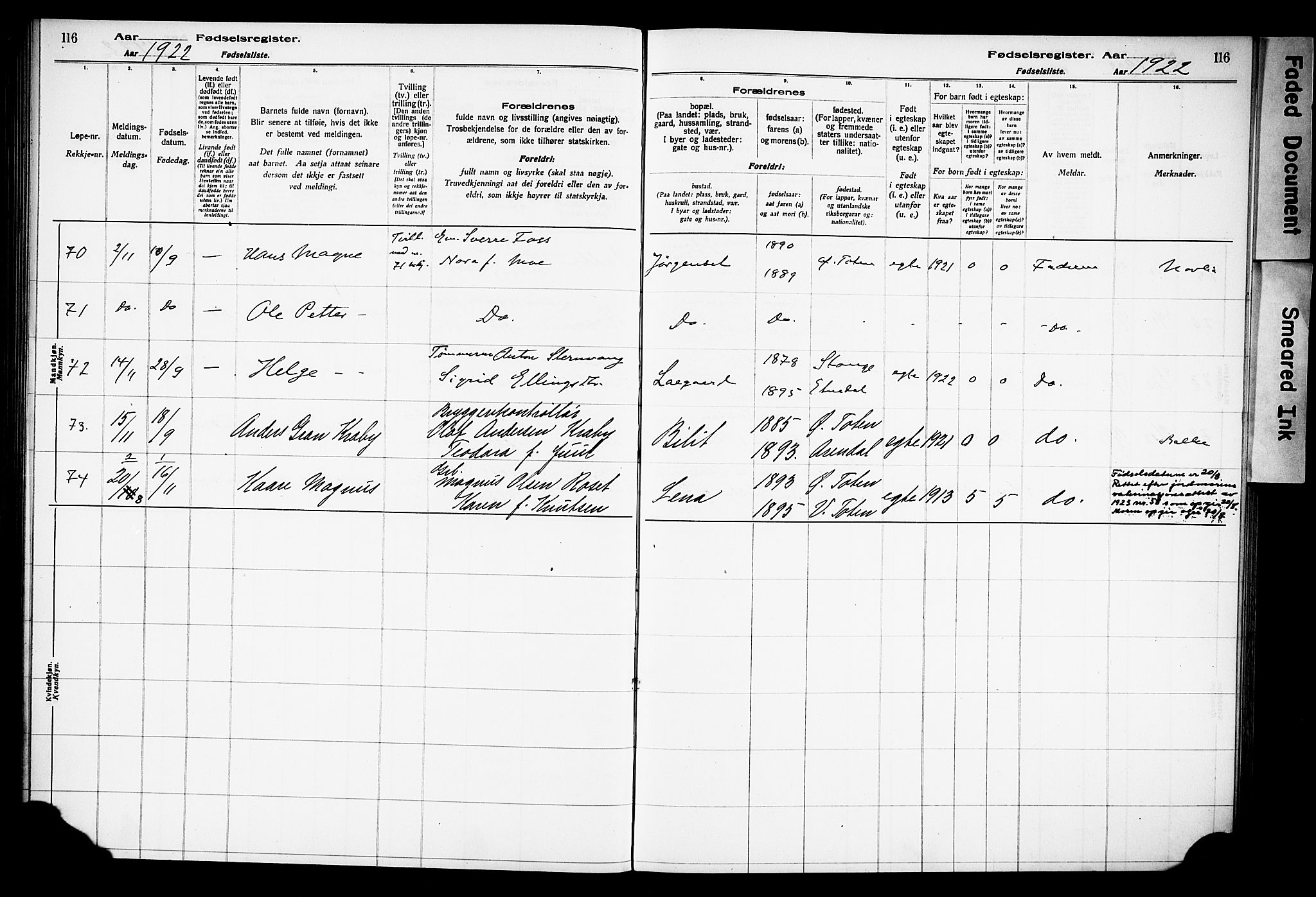 Østre Toten prestekontor, AV/SAH-PREST-104/I/Id/L0001/0001: Fødselsregister nr. 1.1, 1916-1928, s. 116