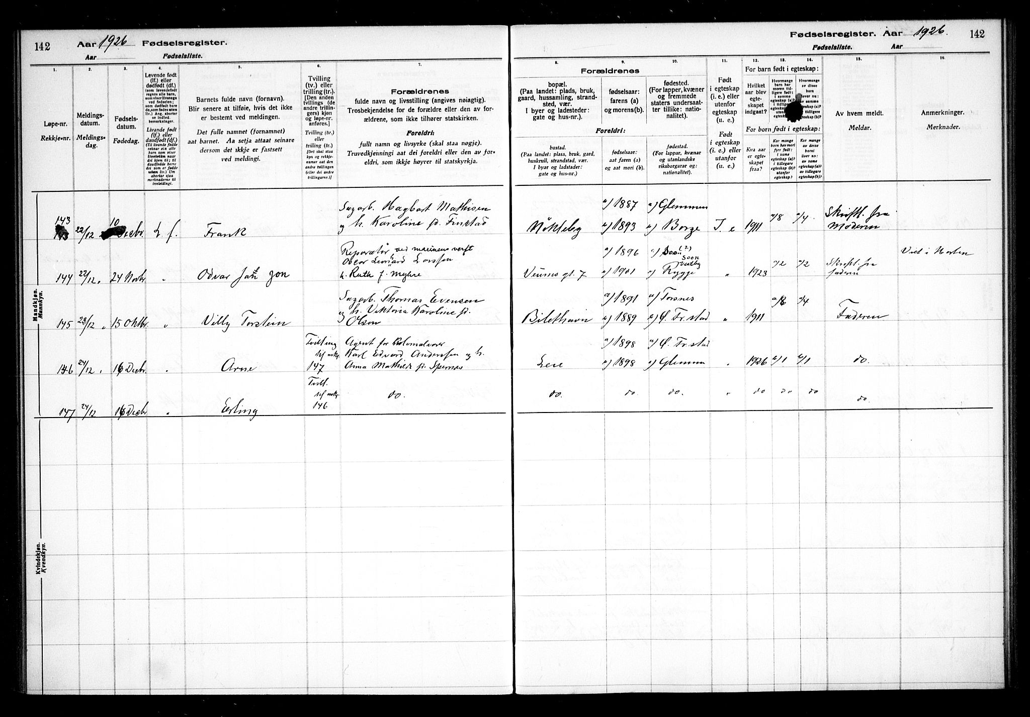 Glemmen prestekontor Kirkebøker, AV/SAO-A-10908/J/Ja/L0002: Fødselsregister nr. I 2, 1922-1929, s. 142