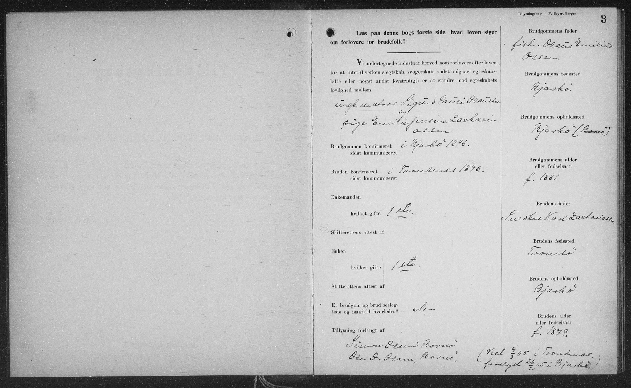 Sand/Bjarkøy sokneprestkontor, AV/SATØ-S-0811/J/Jb/L0024: Lysningsprotokoll nr. 24, 1905-1917, s. 3