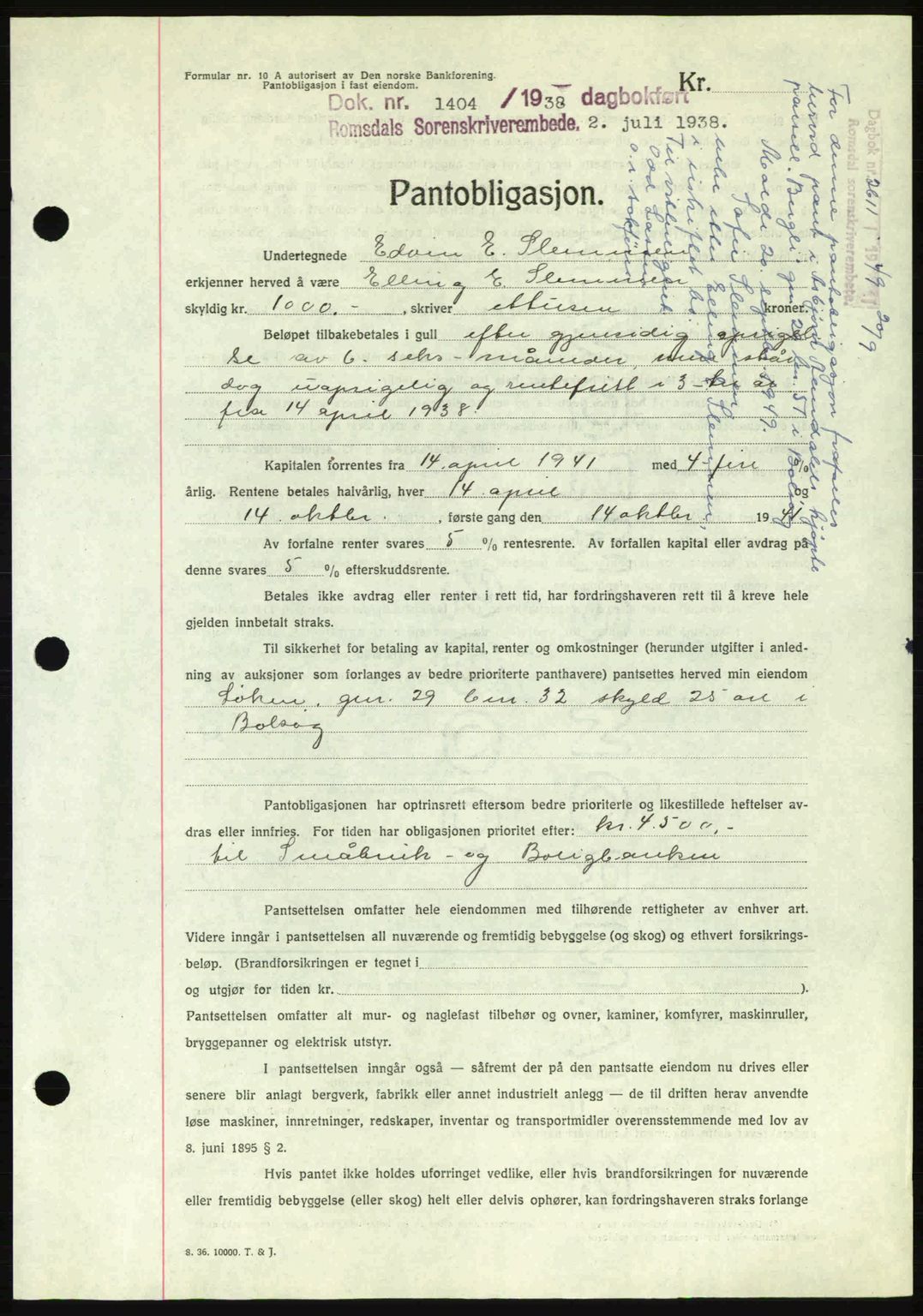 Romsdal sorenskriveri, SAT/A-4149/1/2/2C: Pantebok nr. B1, 1936-1939, Dagboknr: 1404/1938