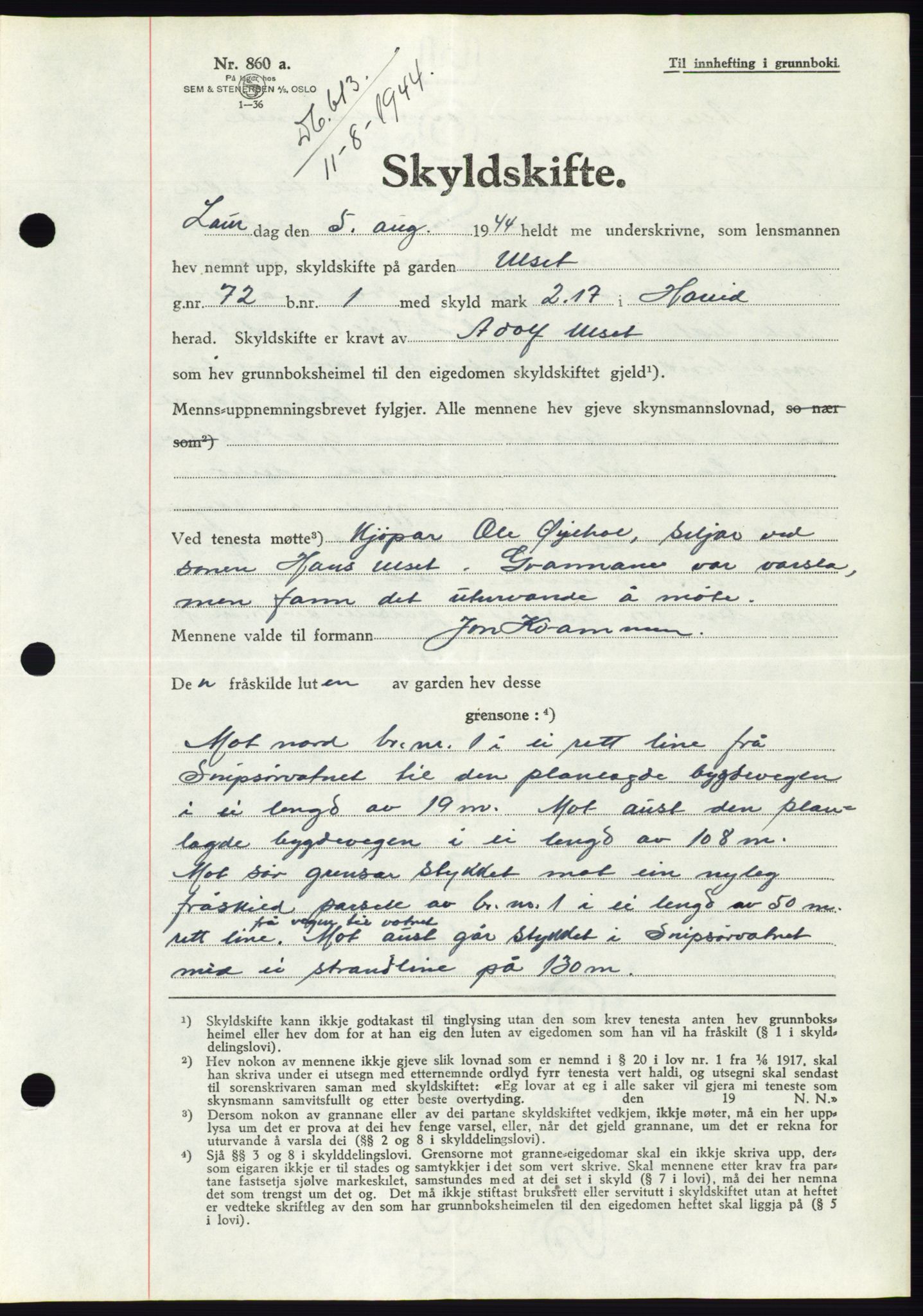 Søre Sunnmøre sorenskriveri, AV/SAT-A-4122/1/2/2C/L0076: Pantebok nr. 2A, 1943-1944, Dagboknr: 613/1944