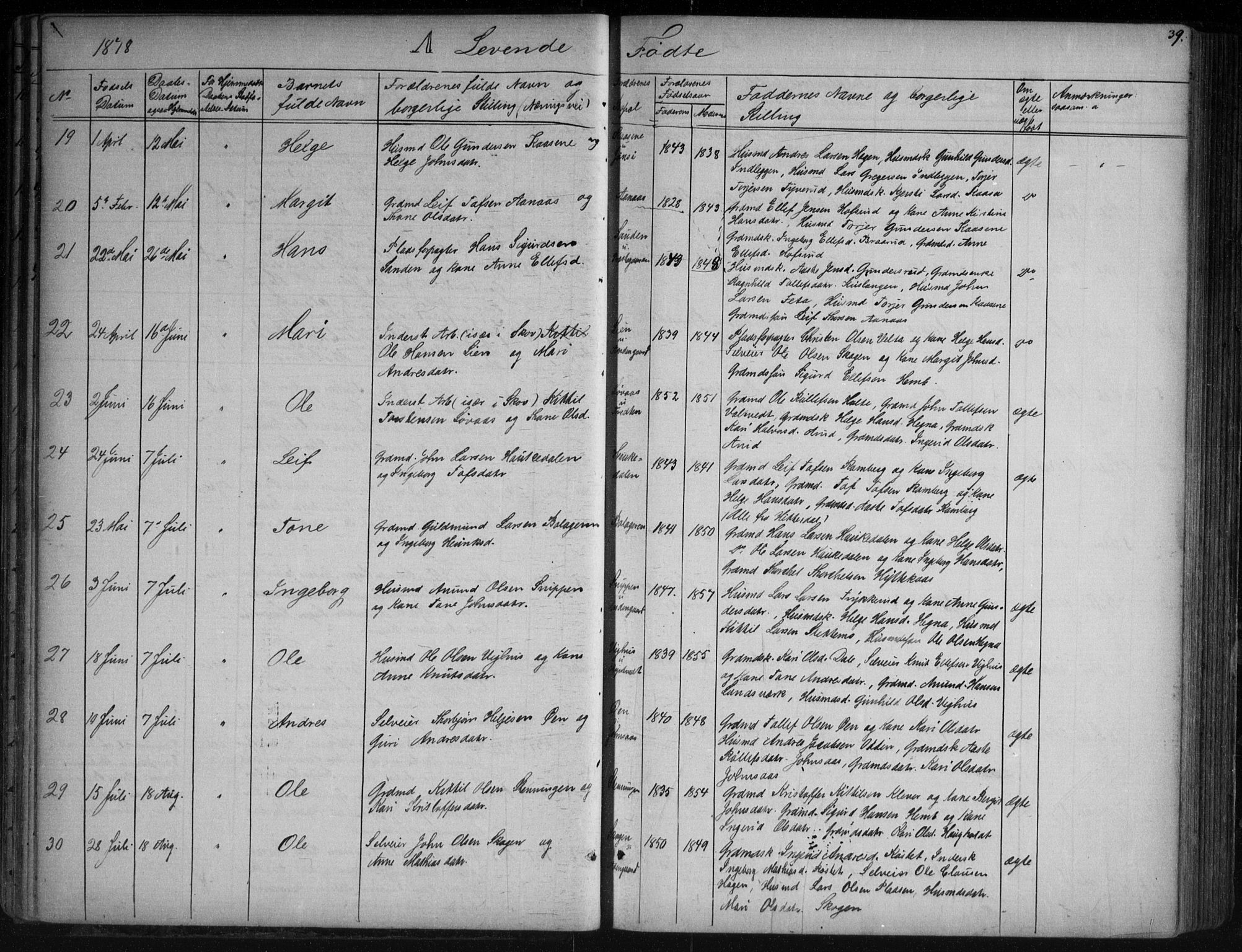 Sauherad kirkebøker, AV/SAKO-A-298/G/Ga/L0003: Klokkerbok nr. I 3, 1866-1905, s. 39