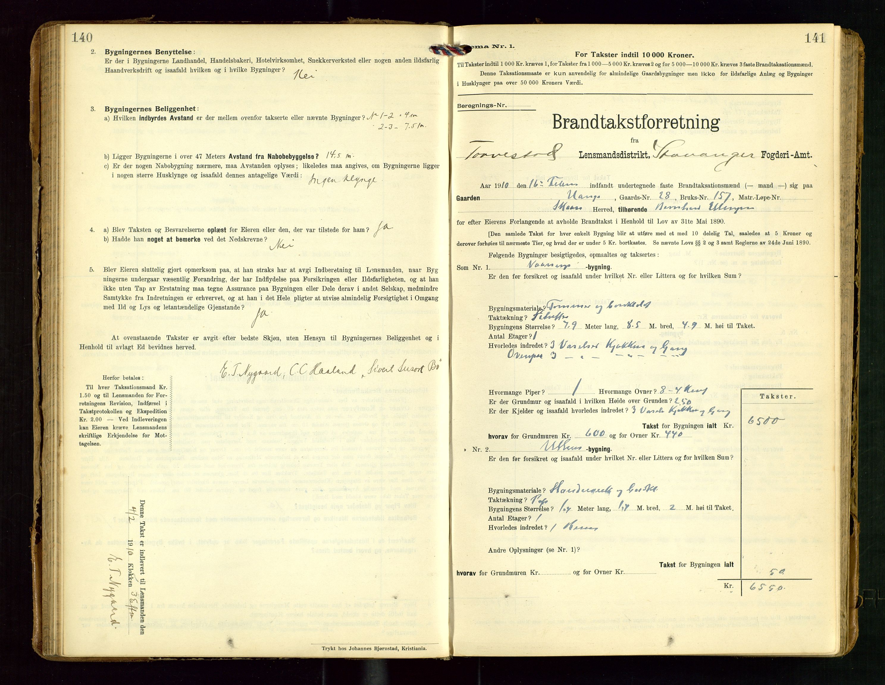 Torvestad lensmannskontor, AV/SAST-A-100307/1/Gob/L0004: "Brandtaxationsprotokol for Torvestad Lensmannsdistrikt", 1909-1923, s. 140-141