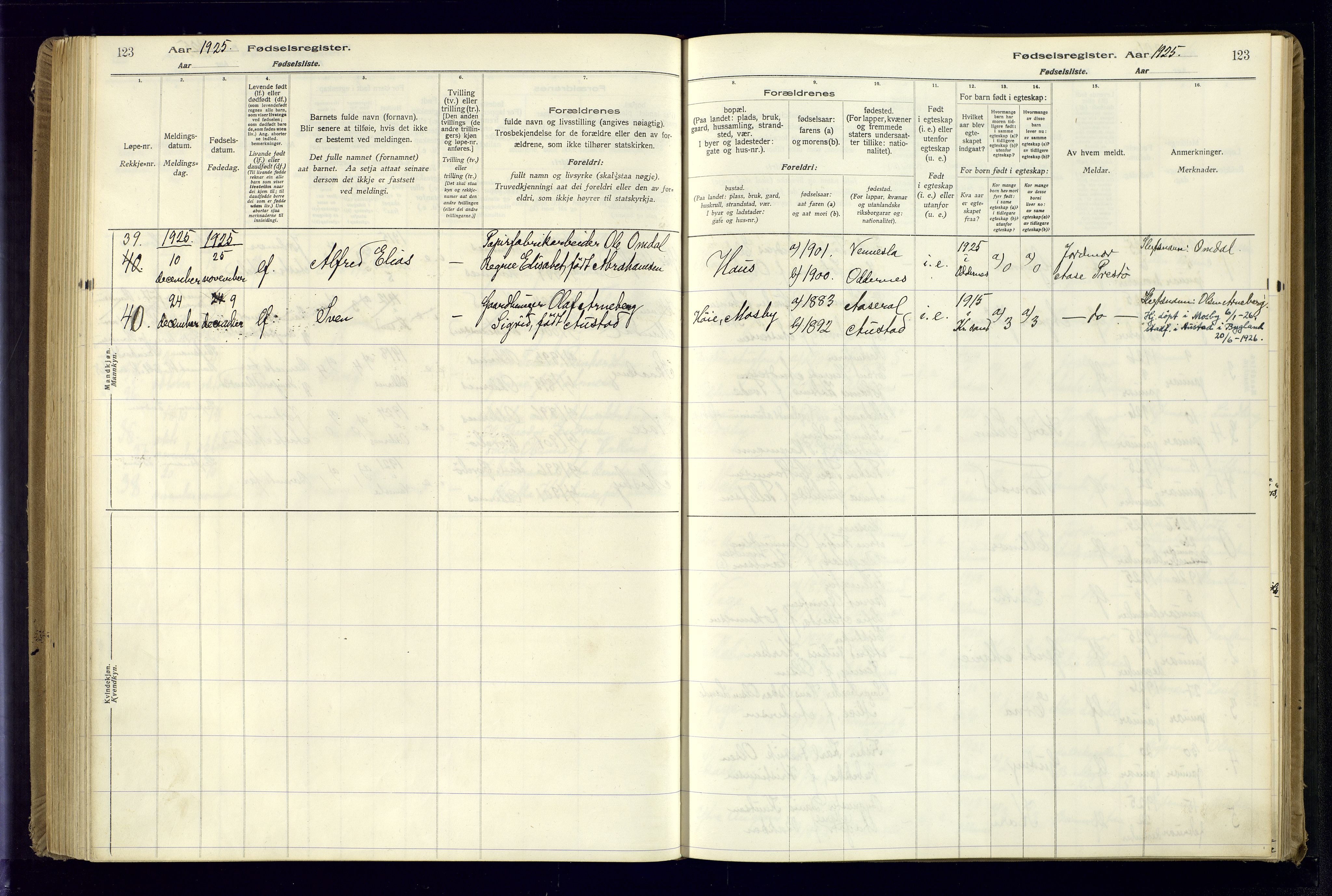 Oddernes sokneprestkontor, AV/SAK-1111-0033/J/Ja/L0001: Fødselsregister nr. 1, 1916-1935, s. 123