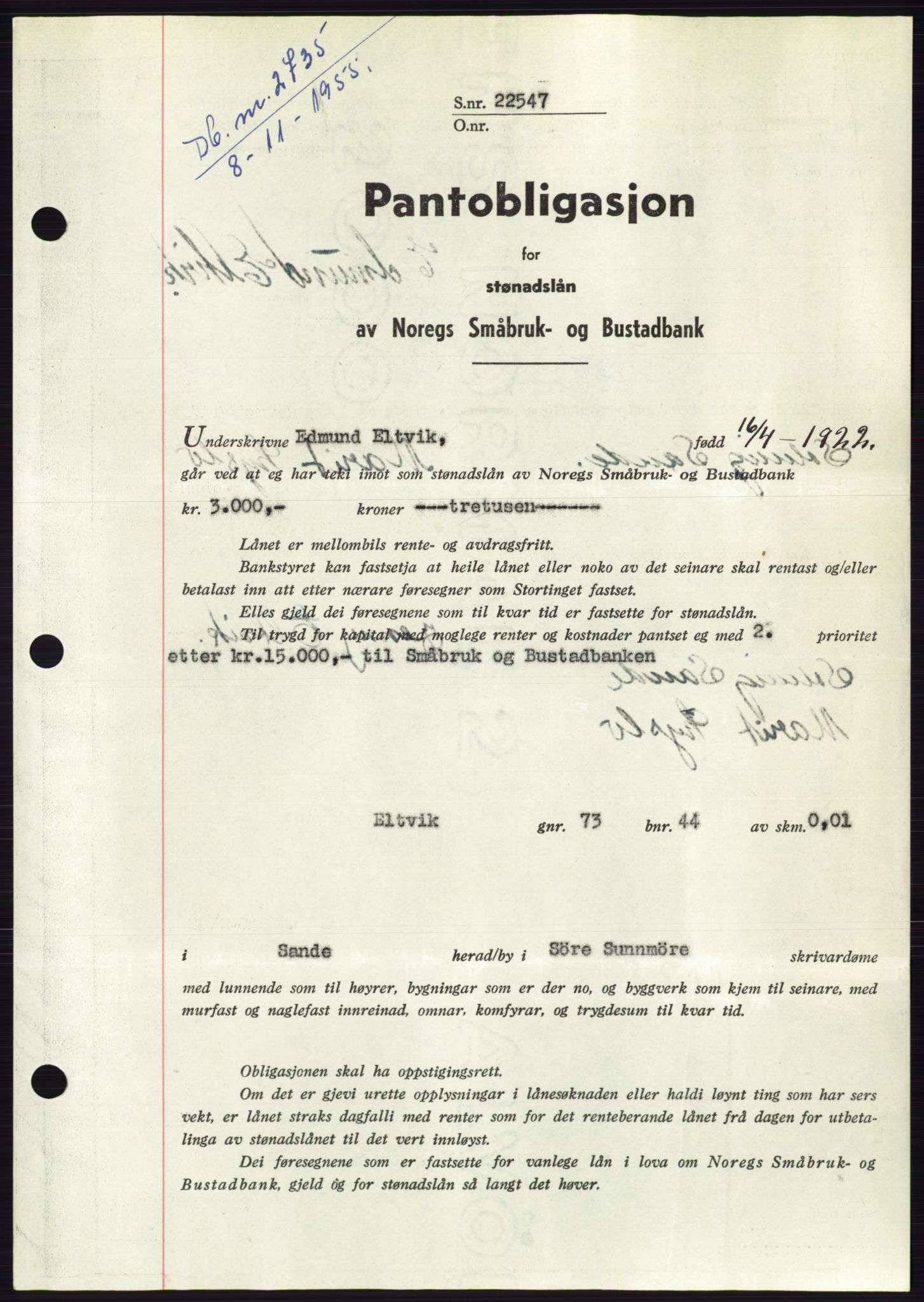 Søre Sunnmøre sorenskriveri, SAT/A-4122/1/2/2C/L0127: Pantebok nr. 15B, 1955-1955, Dagboknr: 2735/1955