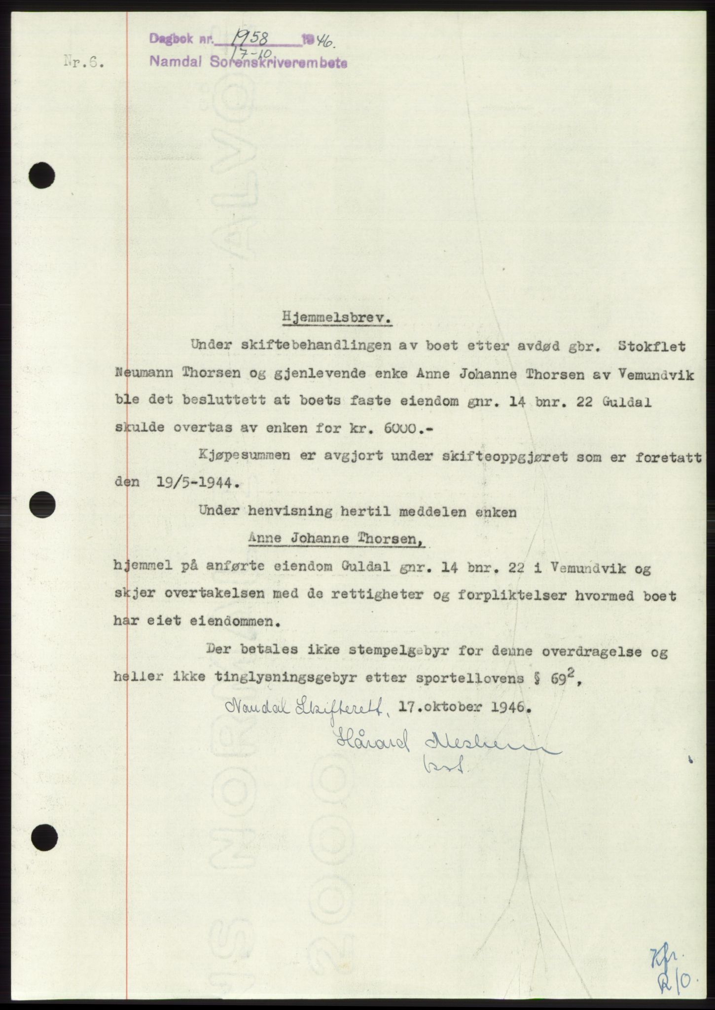 Namdal sorenskriveri, SAT/A-4133/1/2/2C: Pantebok nr. -, 1946-1947, Dagboknr: 1958/1946