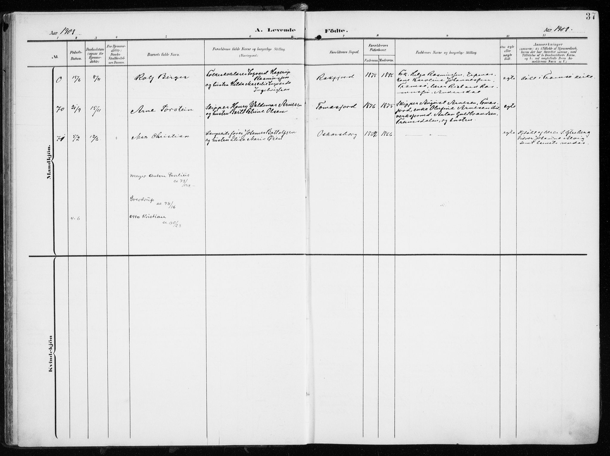 Tromsøysund sokneprestkontor, AV/SATØ-S-1304/G/Ga/L0007kirke: Ministerialbok nr. 7, 1907-1914, s. 37