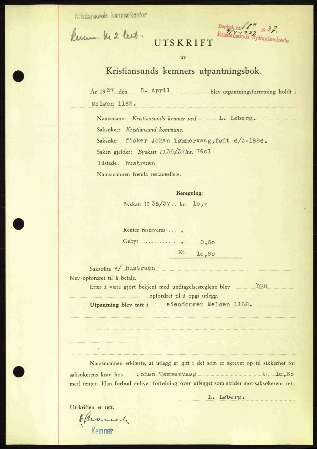 Kristiansund byfogd, SAT/A-4587/A/27: Pantebok nr. 29, 1936-1937, Dagboknr: 189/1937