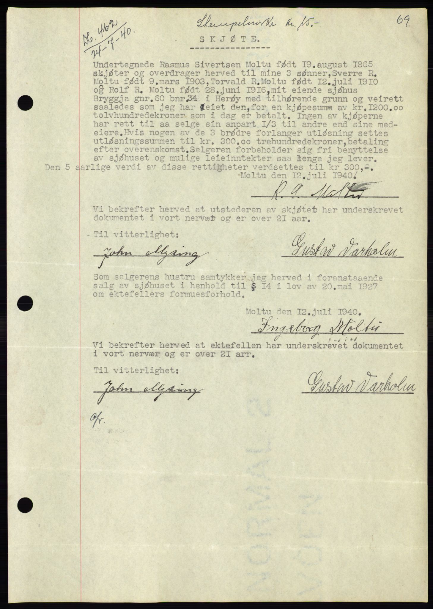 Søre Sunnmøre sorenskriveri, AV/SAT-A-4122/1/2/2C/L0070: Pantebok nr. 64, 1940-1941, Dagboknr: 462/1940