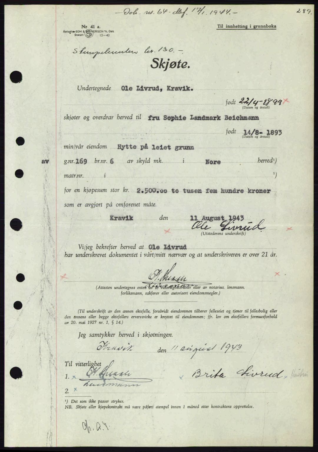 Numedal og Sandsvær sorenskriveri, SAKO/A-128/G/Ga/Gaa/L0055: Pantebok nr. A7, 1943-1944, Dagboknr: 64/1944