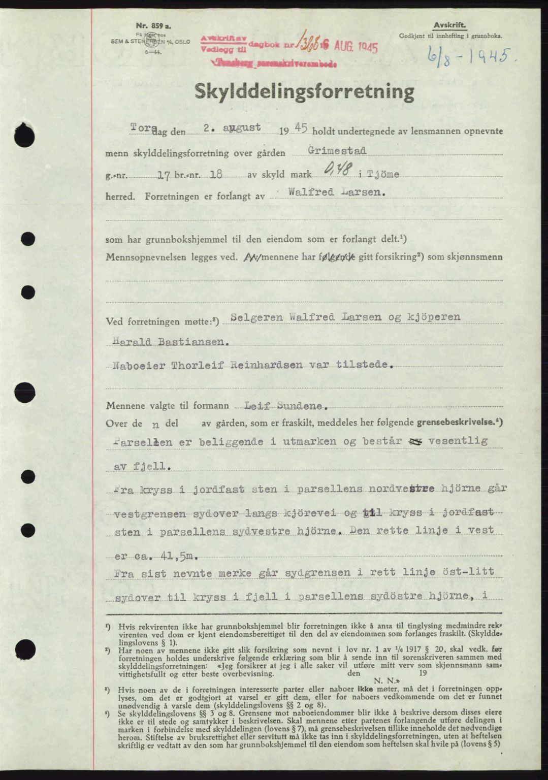 Tønsberg sorenskriveri, AV/SAKO-A-130/G/Ga/Gaa/L0017a: Pantebok nr. A17a, 1945-1945, Dagboknr: 1368/1945