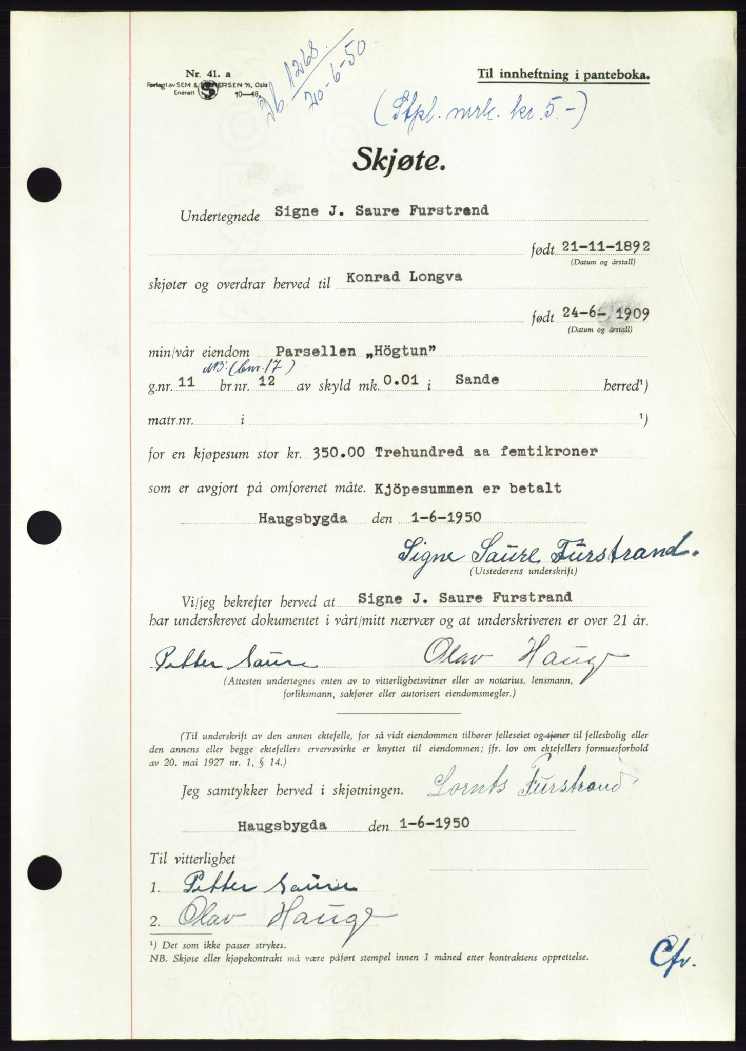 Søre Sunnmøre sorenskriveri, SAT/A-4122/1/2/2C/L0087: Pantebok nr. 13A, 1950-1950, Dagboknr: 1268/1950