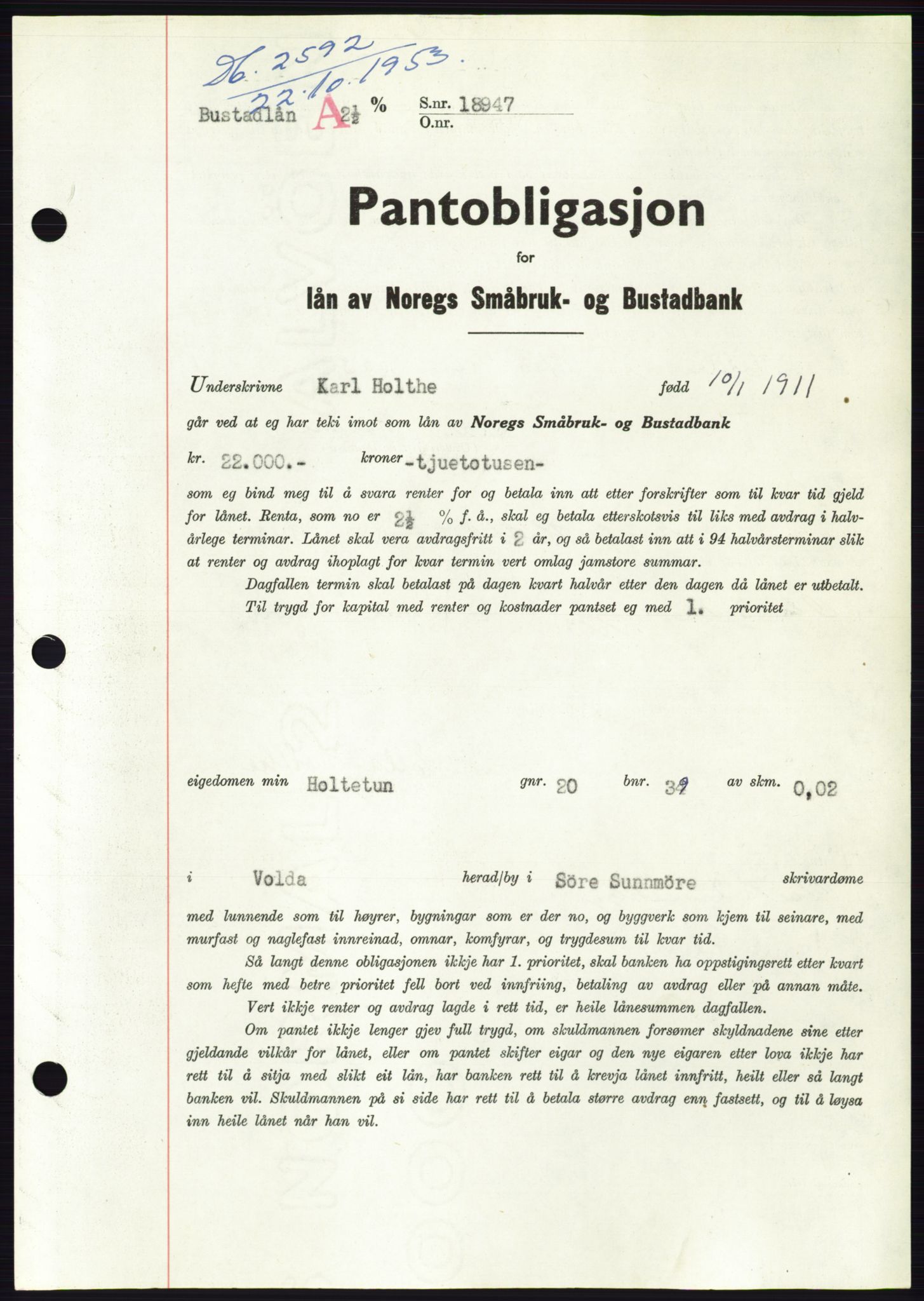 Søre Sunnmøre sorenskriveri, SAT/A-4122/1/2/2C/L0124: Pantebok nr. 12B, 1953-1954, Dagboknr: 2592/1953