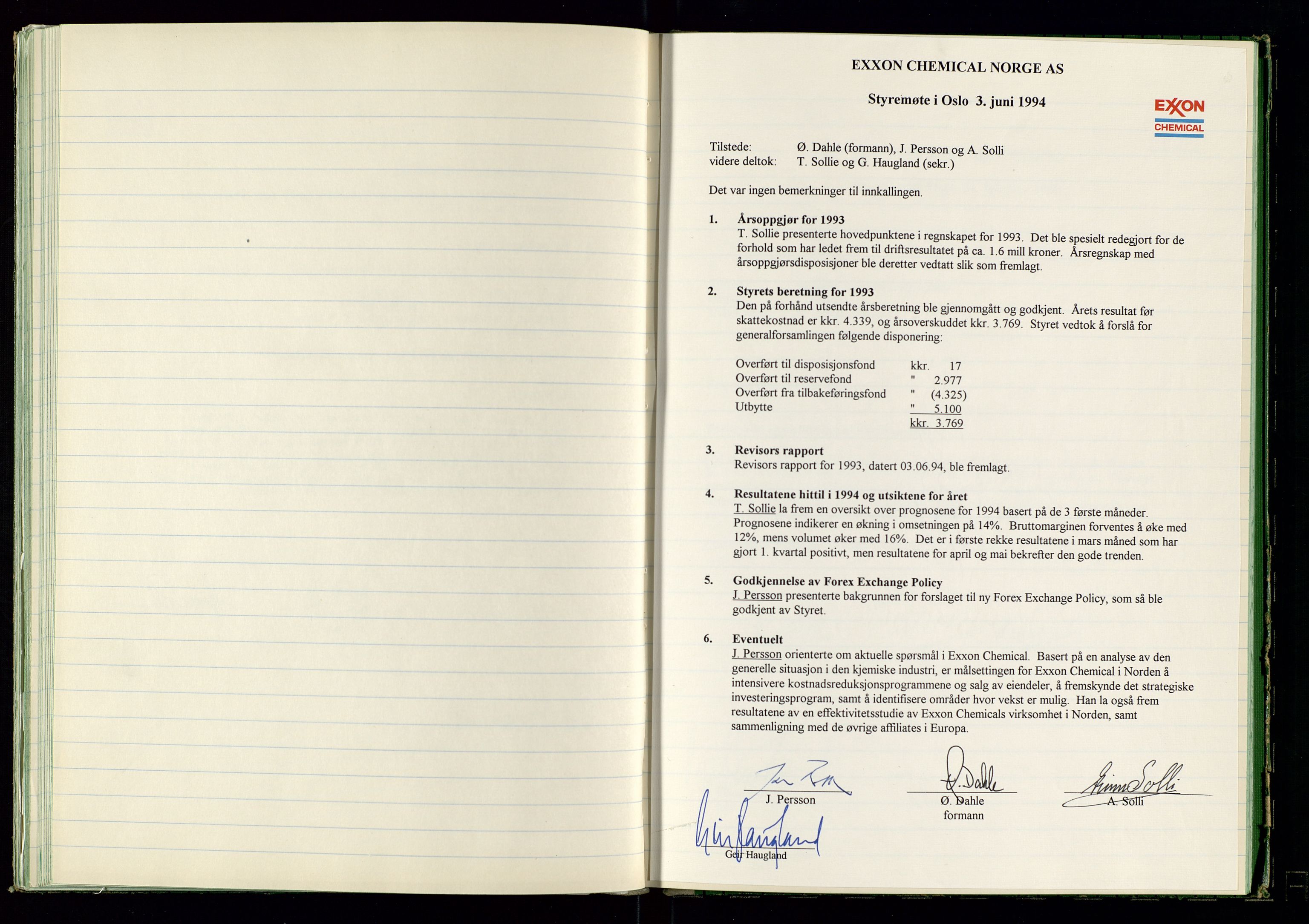 PA 1538 - Exxon Chemical Norge A/S, SAST/A-101958/A/Aa/L0001/0001: Generalforsamlinger og styreprotokoller / Styreprotokoll, 1966-1996