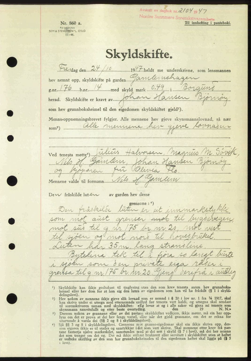 Nordre Sunnmøre sorenskriveri, AV/SAT-A-0006/1/2/2C/2Ca: Pantebok nr. A26, 1947-1948, Dagboknr: 2104/1947