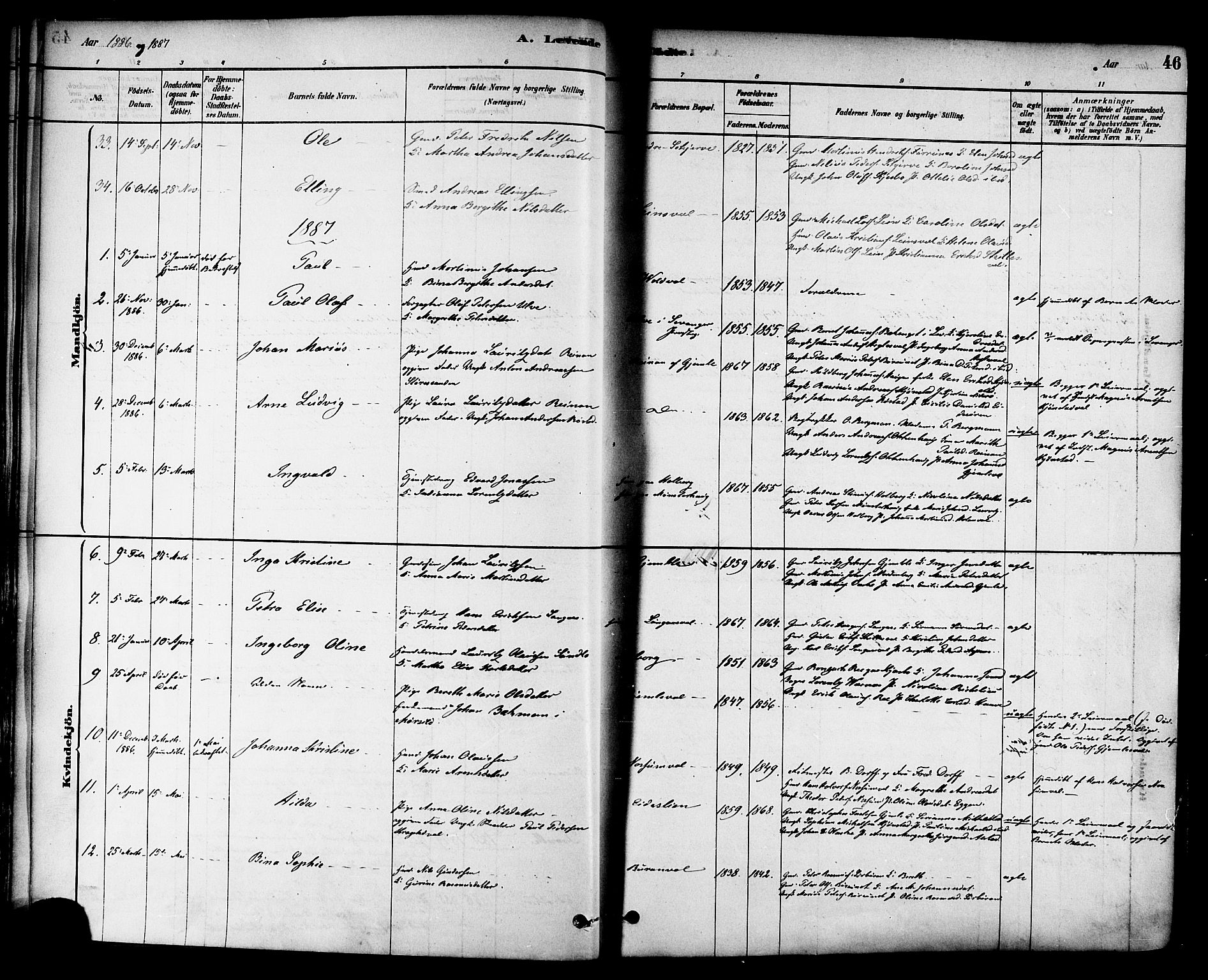 Ministerialprotokoller, klokkerbøker og fødselsregistre - Nord-Trøndelag, SAT/A-1458/717/L0159: Ministerialbok nr. 717A09, 1878-1898, s. 46