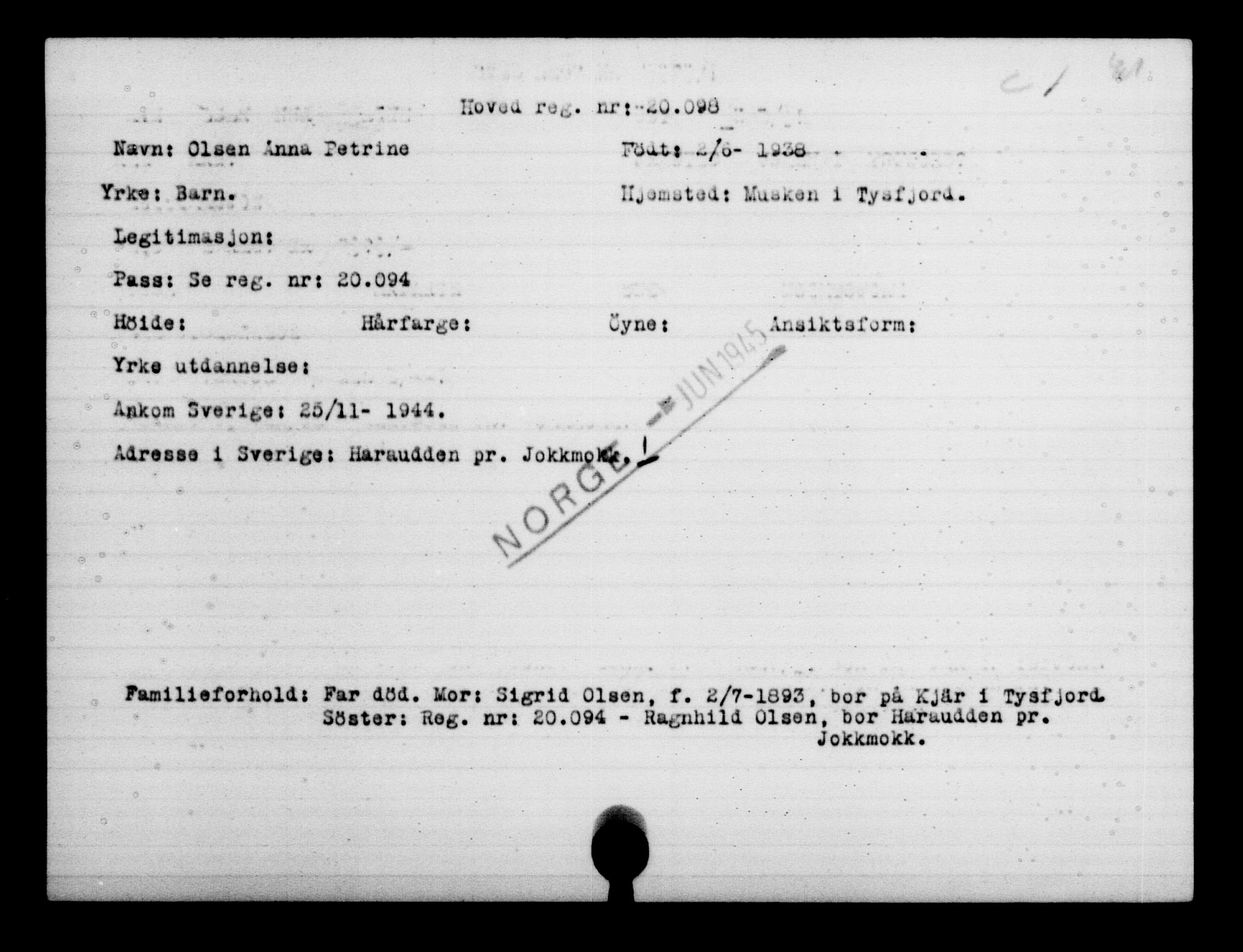 Utenriksstasjonene, Legasjonen i Stockholm, Flyktningkontoret, AV/RA-S-6753/V/Va/L0009: Kjesäterkartoteket, flyktninger med registreringsnr. 18502-22048, 1940-1945, s. 1764