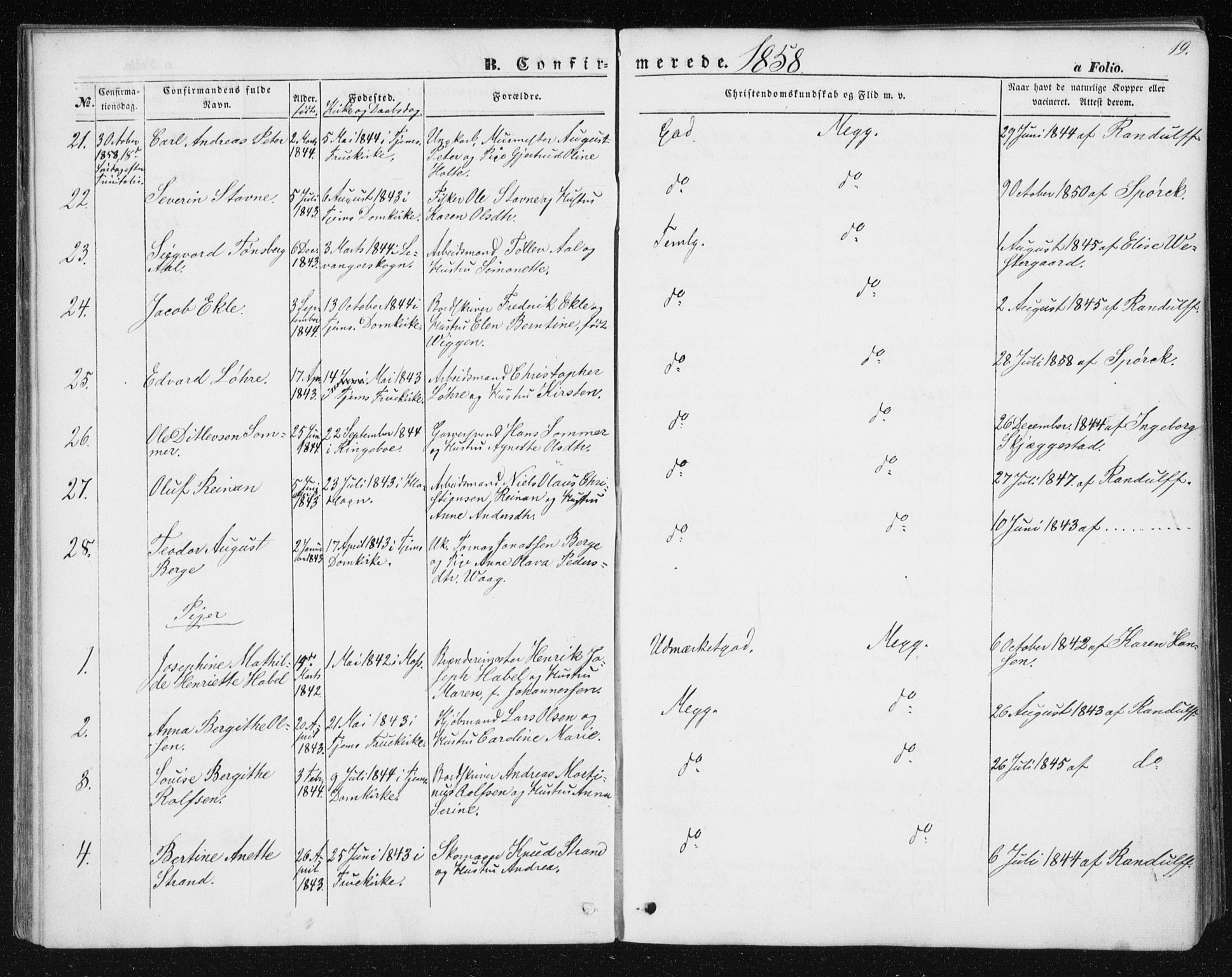 Ministerialprotokoller, klokkerbøker og fødselsregistre - Sør-Trøndelag, SAT/A-1456/602/L0114: Ministerialbok nr. 602A12, 1856-1872, s. 19