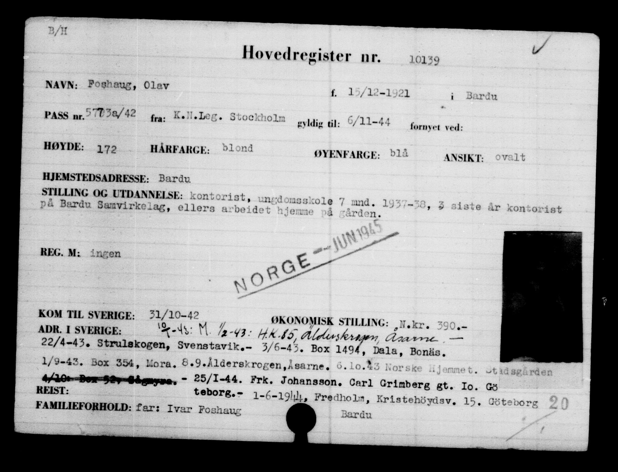 Utenriksstasjonene, Legasjonen i Stockholm, Flyktningkontoret, AV/RA-S-6753/V/Va/L0006: Kjesäterkartoteket, flyktninger med registreringsnr. 9400-12711, 1940-1945, s. 850