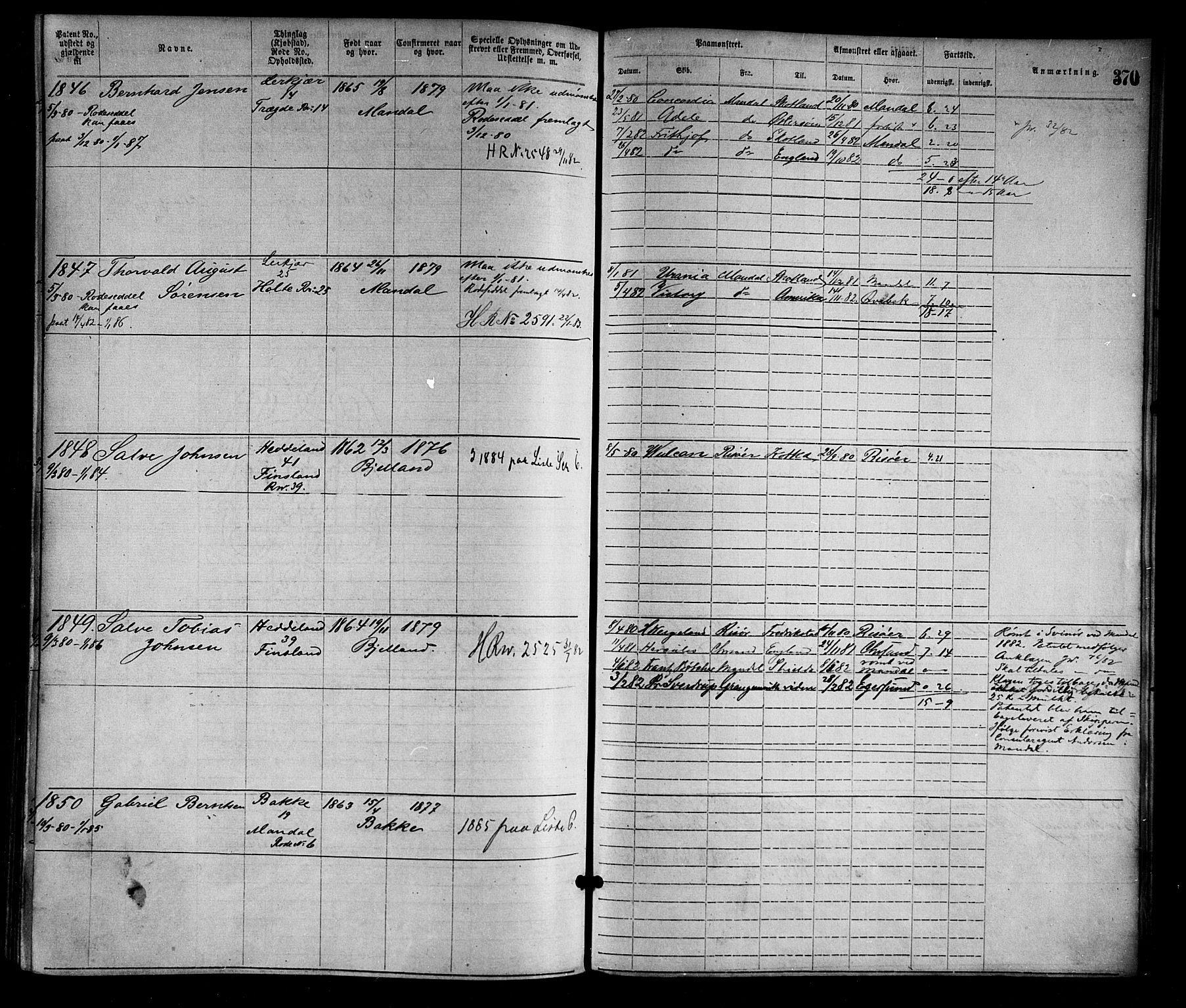 Mandal mønstringskrets, AV/SAK-2031-0016/F/Fa/L0001: Annotasjonsrulle nr 1-1920 med register, L-3, 1869-1881, s. 411