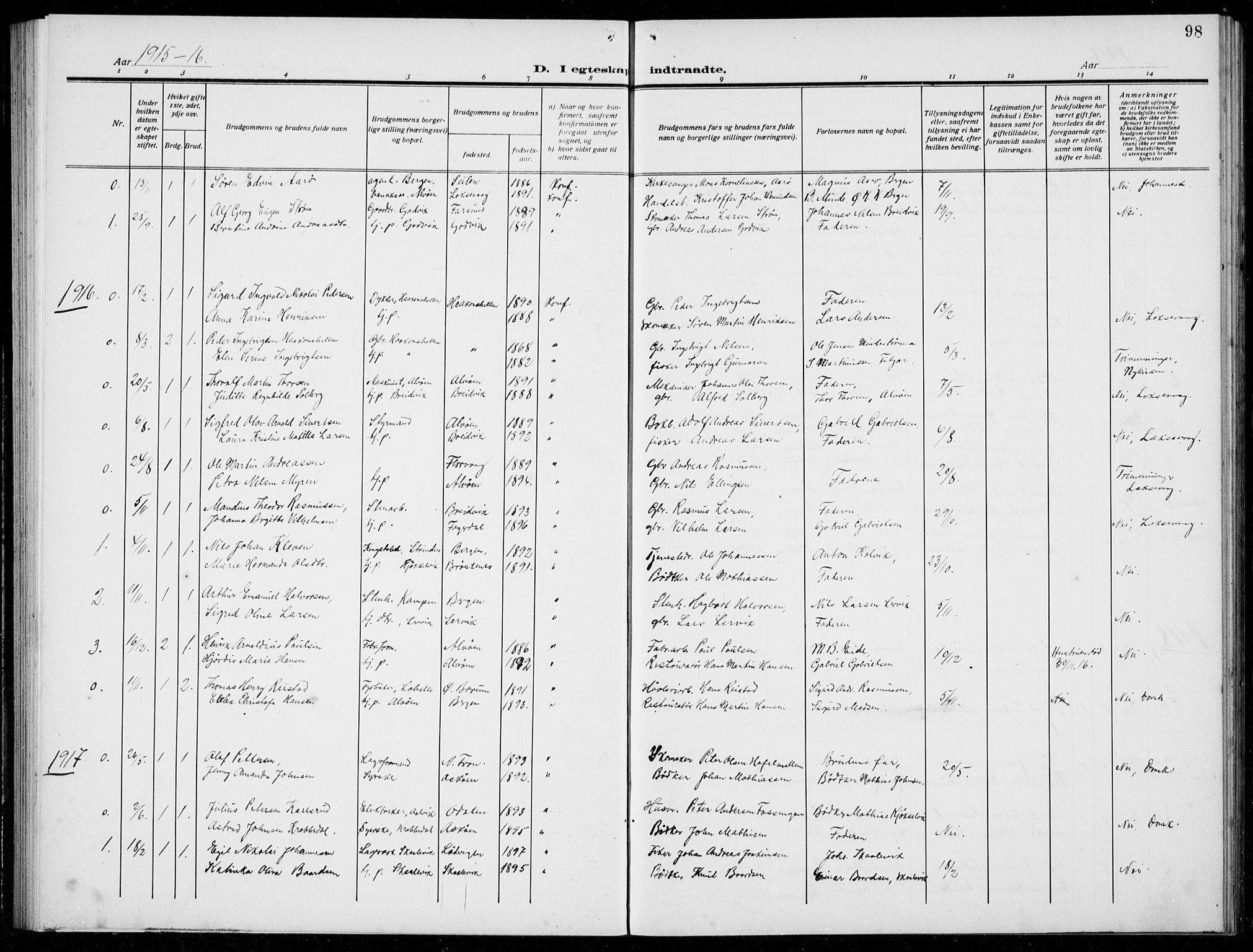 Loddefjord  sokneprestembete, AV/SAB-A-99928: Klokkerbok nr. A  1, 1915-1934, s. 98