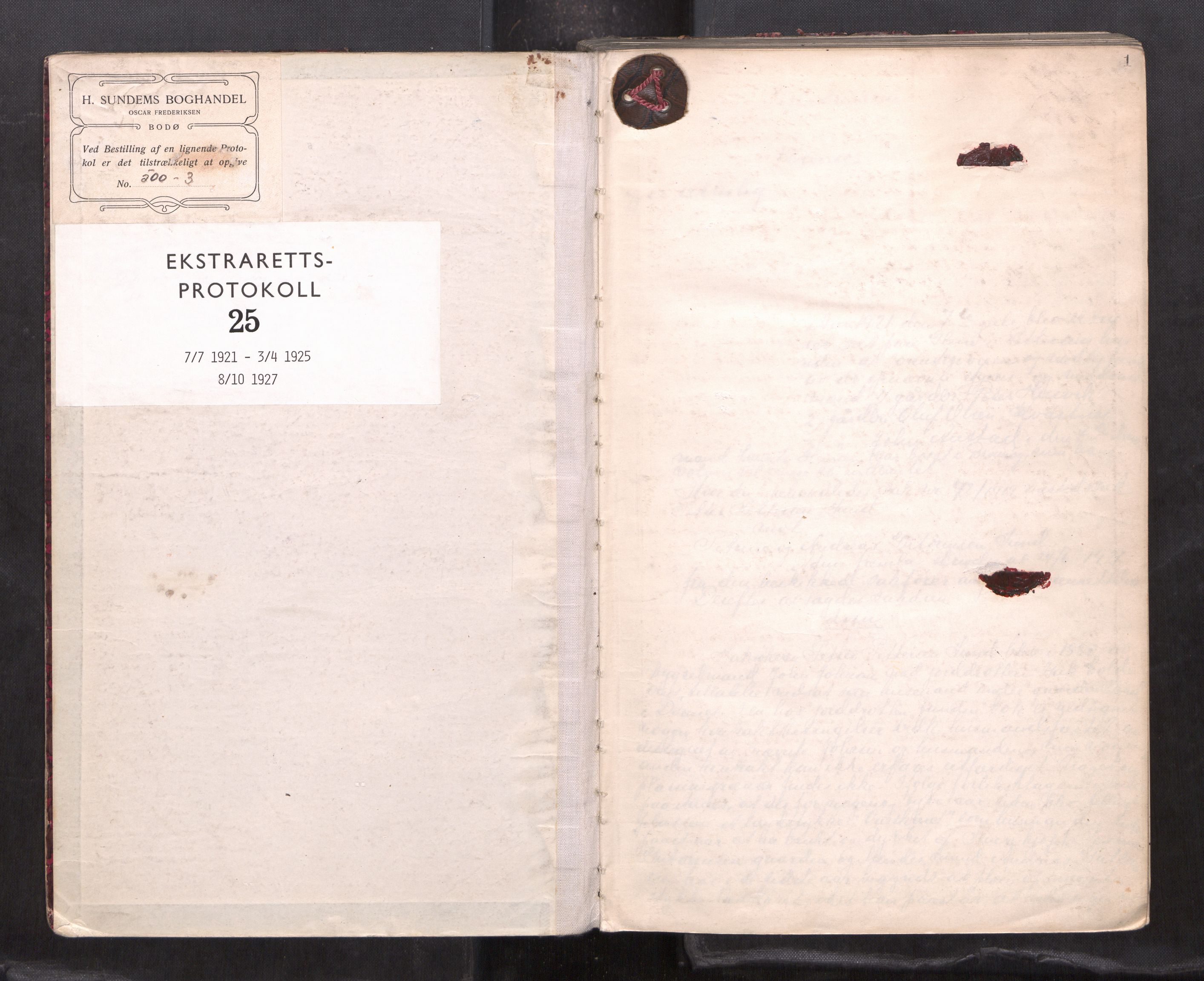 Rana sorenskriveri , SAT/A-1108/1/1/1B/L0025: Ekstrarettsprotokoll, 1921-1925, s. 1