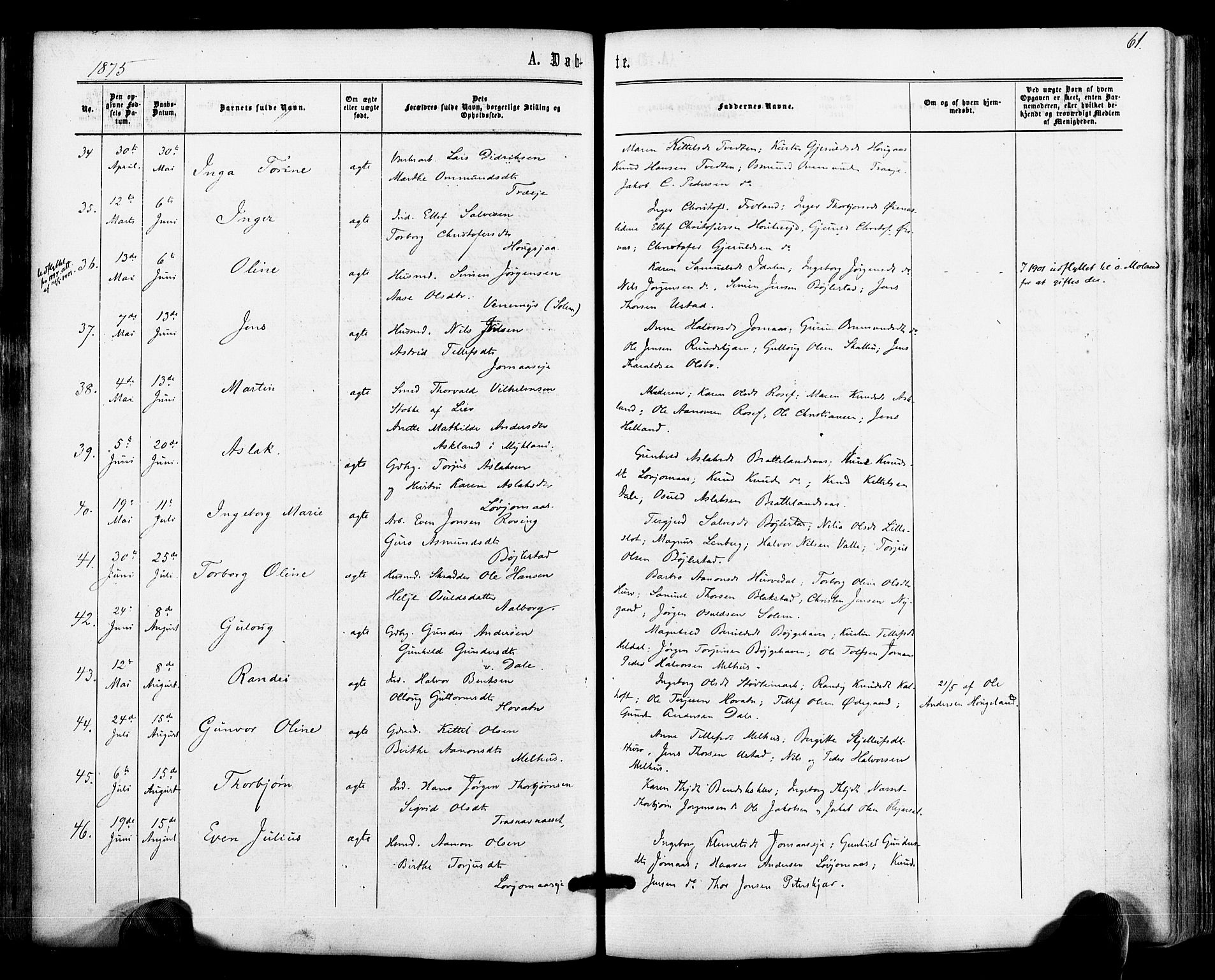 Froland sokneprestkontor, AV/SAK-1111-0013/F/Fa/L0003: Ministerialbok nr. A 3, 1864-1881, s. 61