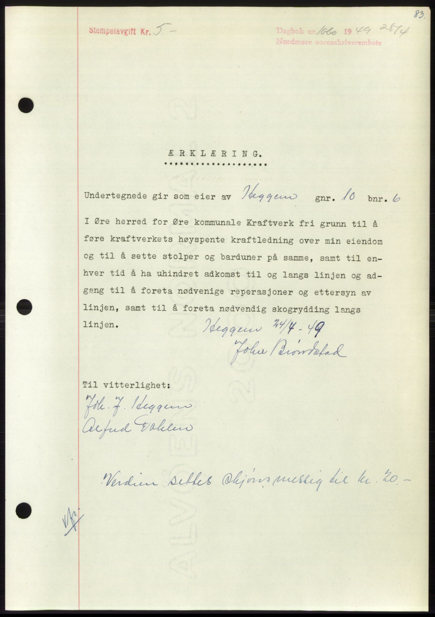 Nordmøre sorenskriveri, SAT/A-4132/1/2/2Ca: Pantebok nr. B101, 1949-1949, Dagboknr: 1060/1949