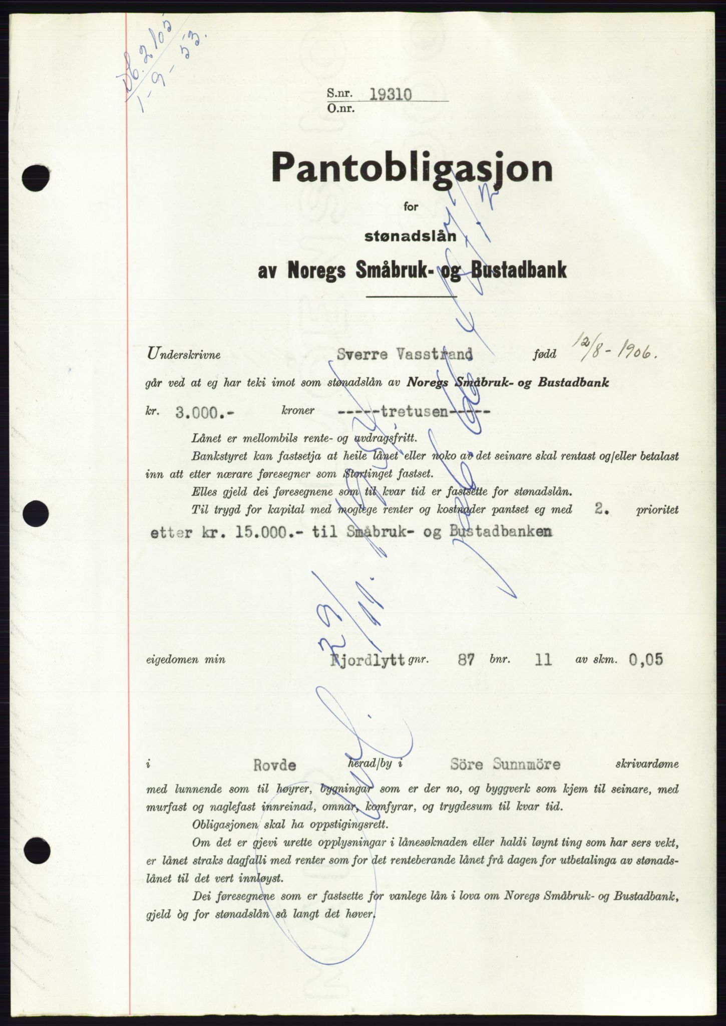 Søre Sunnmøre sorenskriveri, SAT/A-4122/1/2/2C/L0123: Pantebok nr. 11B, 1953-1953, Dagboknr: 2105/1953