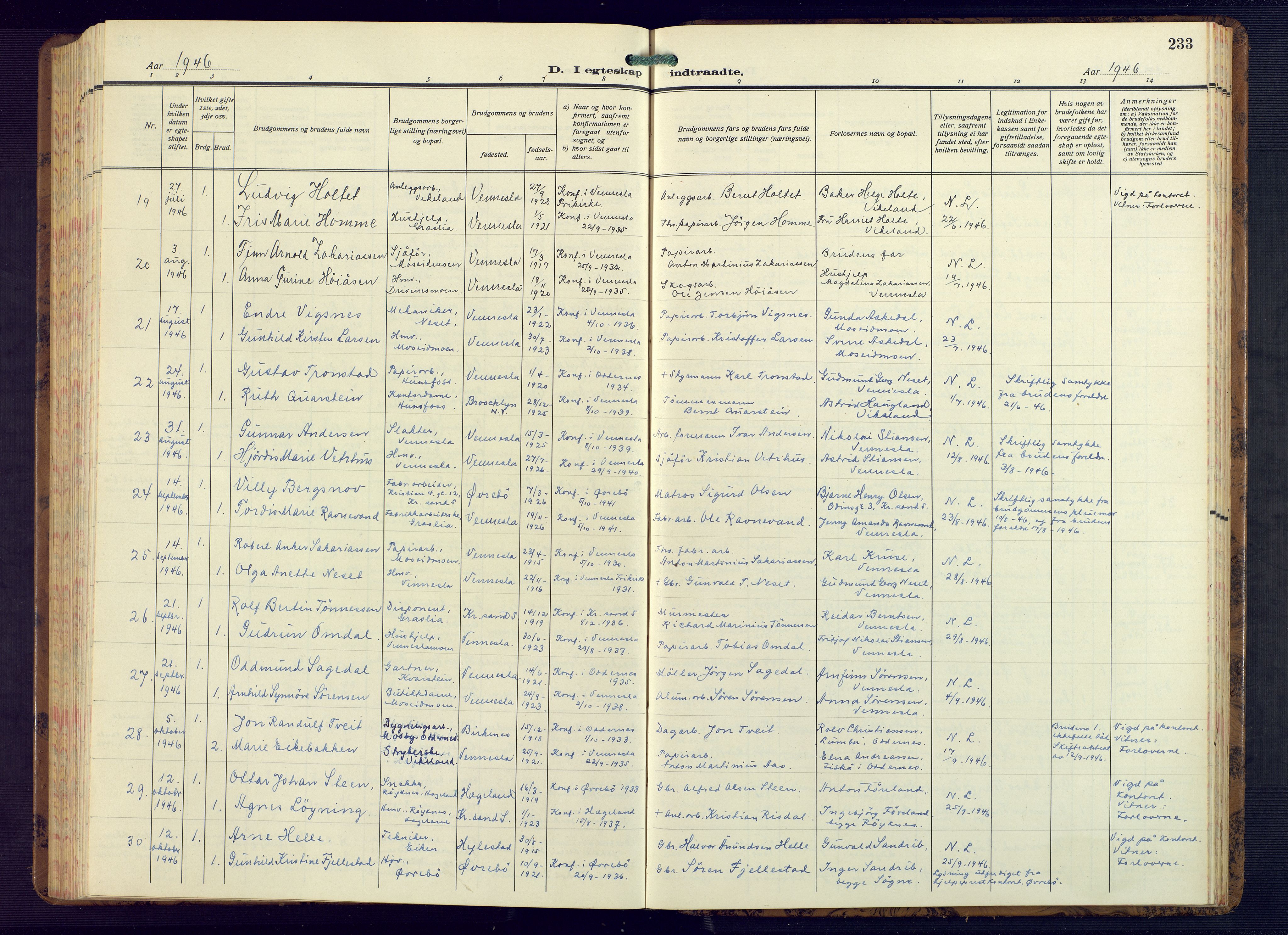 Vennesla sokneprestkontor, AV/SAK-1111-0045/Fb/Fbb/L0008: Klokkerbok nr. B 8, 1934-1947, s. 233