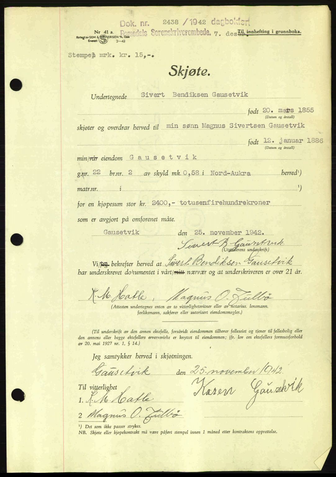 Romsdal sorenskriveri, SAT/A-4149/1/2/2C: Pantebok nr. A13, 1942-1943, Dagboknr: 2438/1942