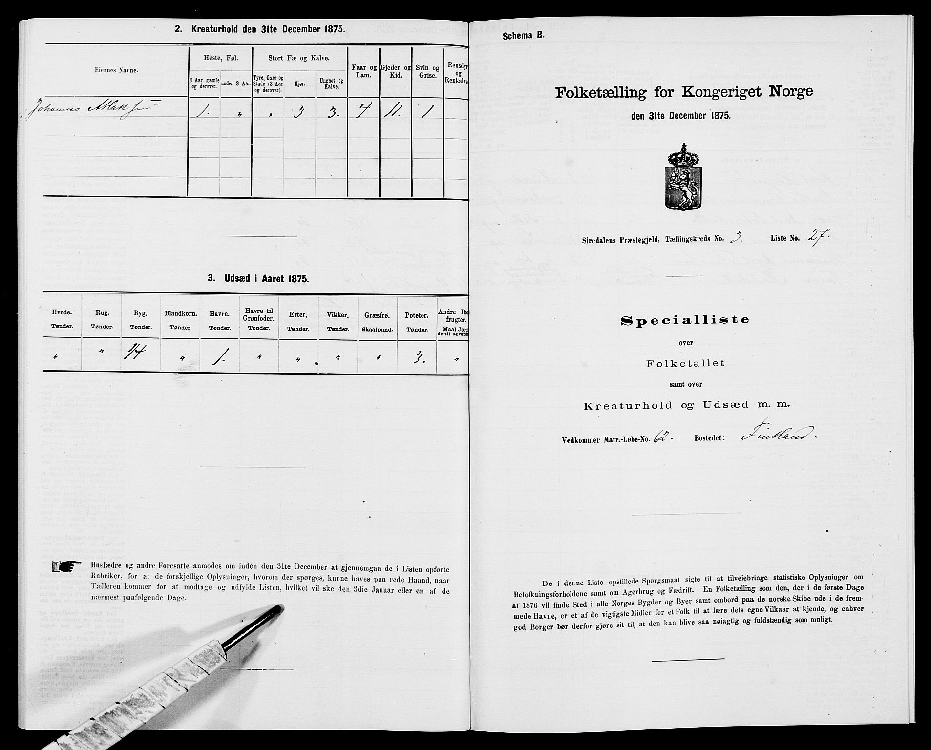 SAK, Folketelling 1875 for 1046P Sirdal prestegjeld, 1875, s. 328