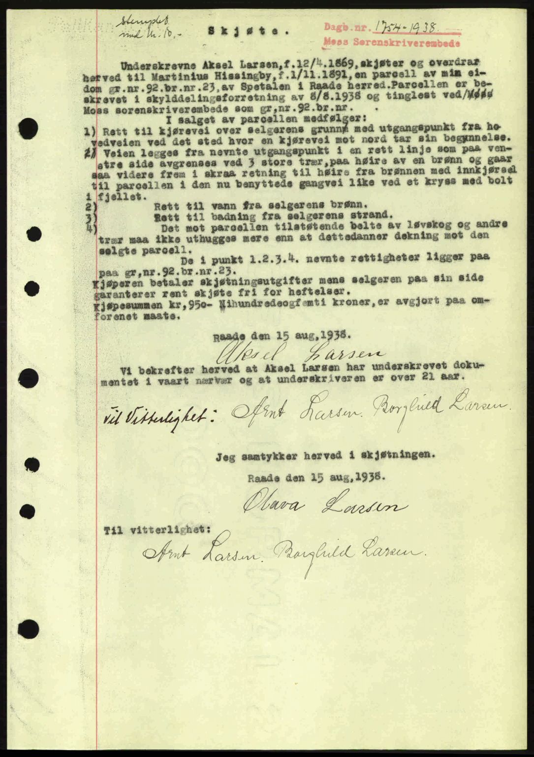 Moss sorenskriveri, SAO/A-10168: Pantebok nr. A4, 1938-1938, Dagboknr: 1754/1938