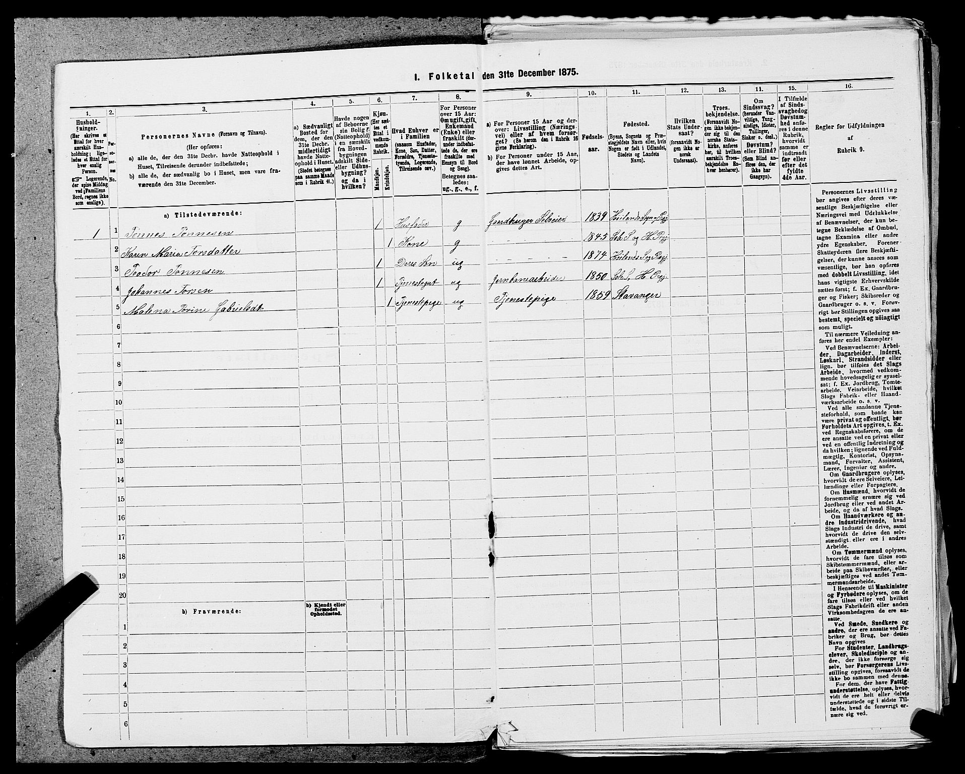 SAST, Folketelling 1875 for 1123L Høyland prestegjeld, Høyland sokn, 1875, s. 288