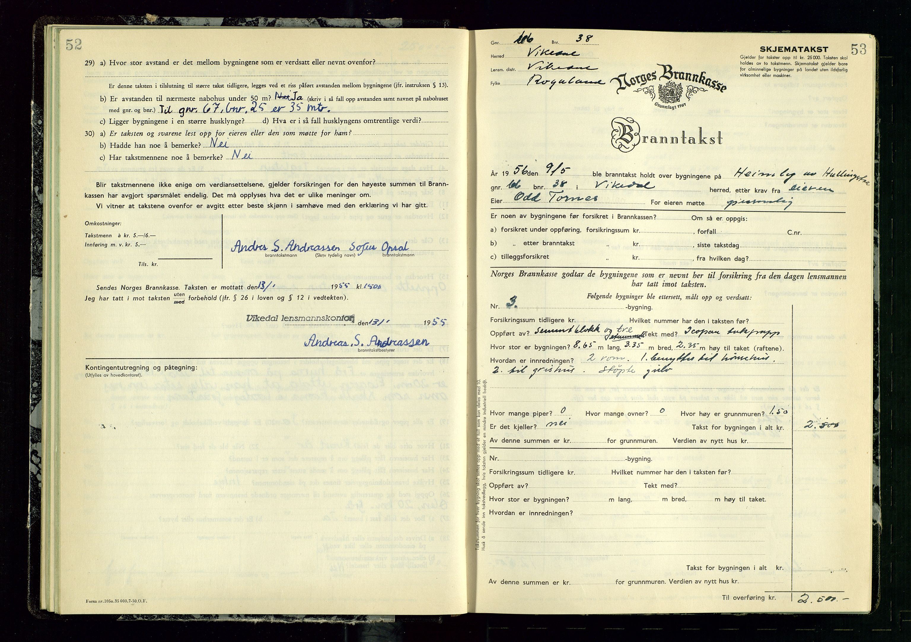 Vikedal lensmannskontor, AV/SAST-A-100179/Gob/L0006: Branntakstprotokoll, 1952-1956, s. 52-53