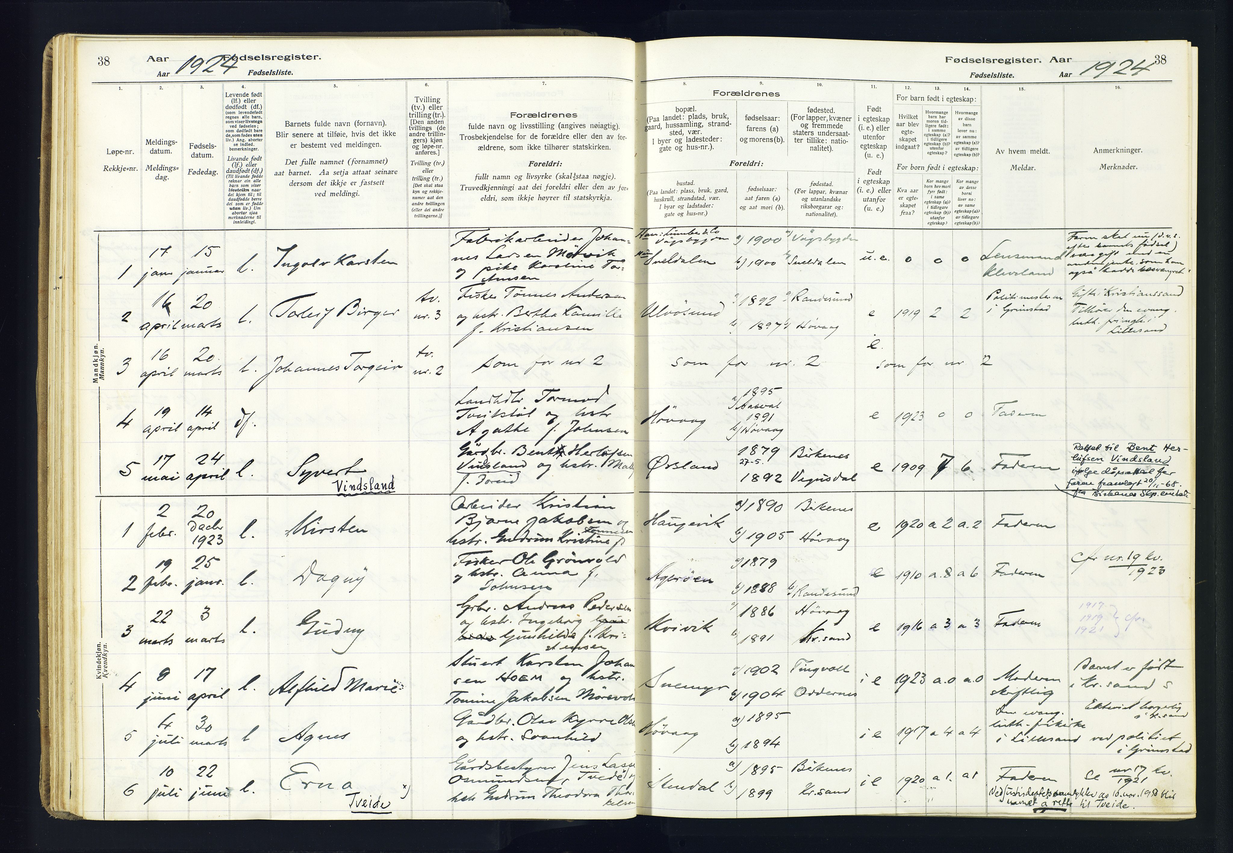 Høvåg sokneprestkontor, AV/SAK-1111-0025/J/Ja/L0001: Fødselsregister nr. II.4.2, 1916-1982, s. 38