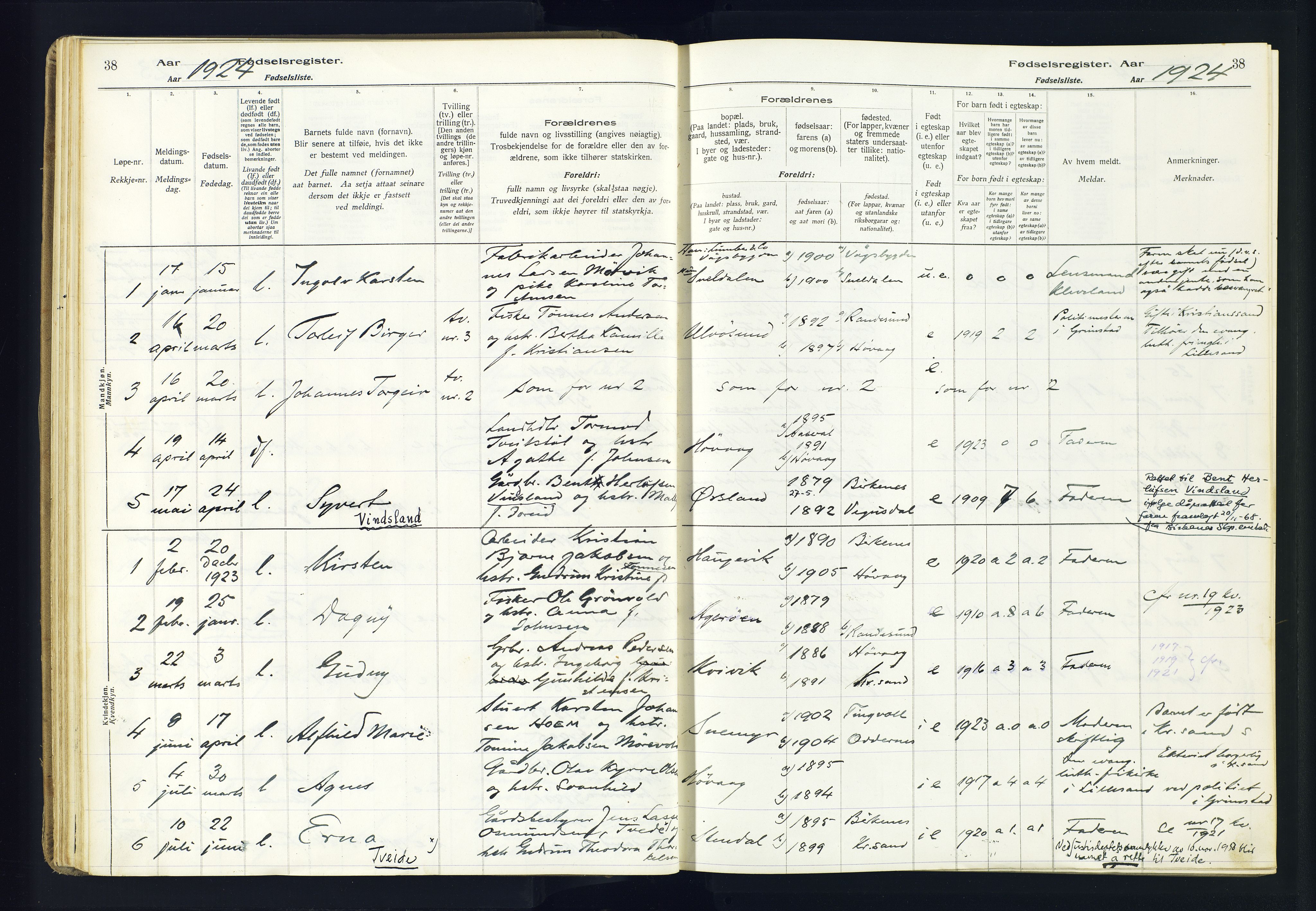 Høvåg sokneprestkontor, SAK/1111-0025/J/Ja/L0001: Fødselsregister nr. II.4.2, 1916-1982, s. 38