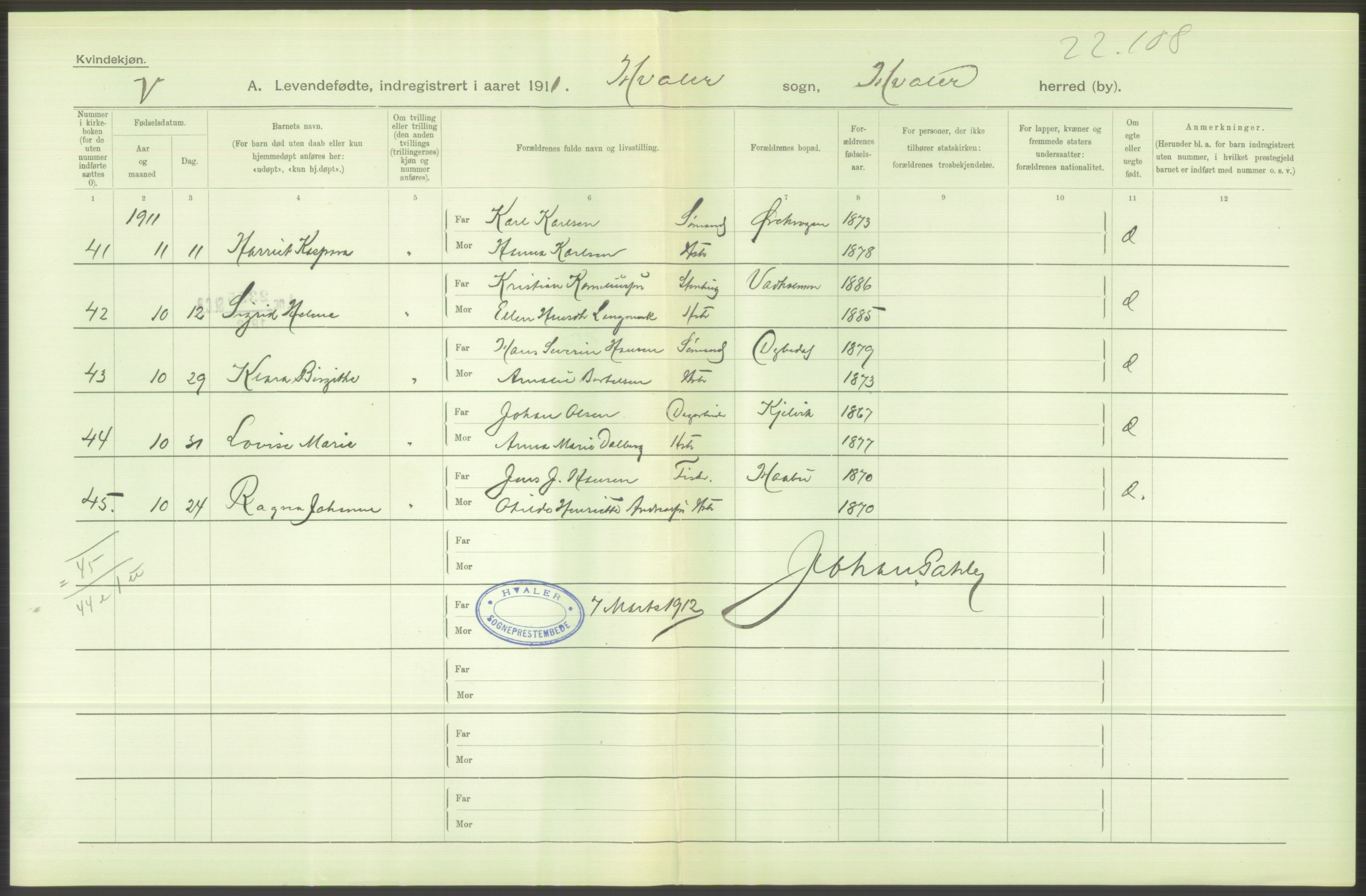 Statistisk sentralbyrå, Sosiodemografiske emner, Befolkning, AV/RA-S-2228/D/Df/Dfb/Dfba/L0001: Smålenenes amt: Levendefødte menn og kvinner. Bygder., 1911, s. 448